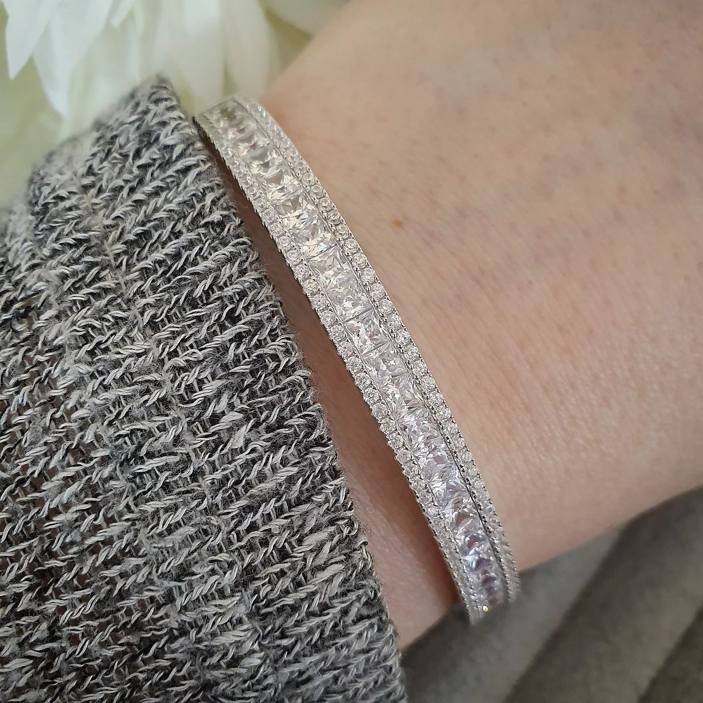 925 Sterling Silver Hinged Princess Cut & Round CZs Bangle
