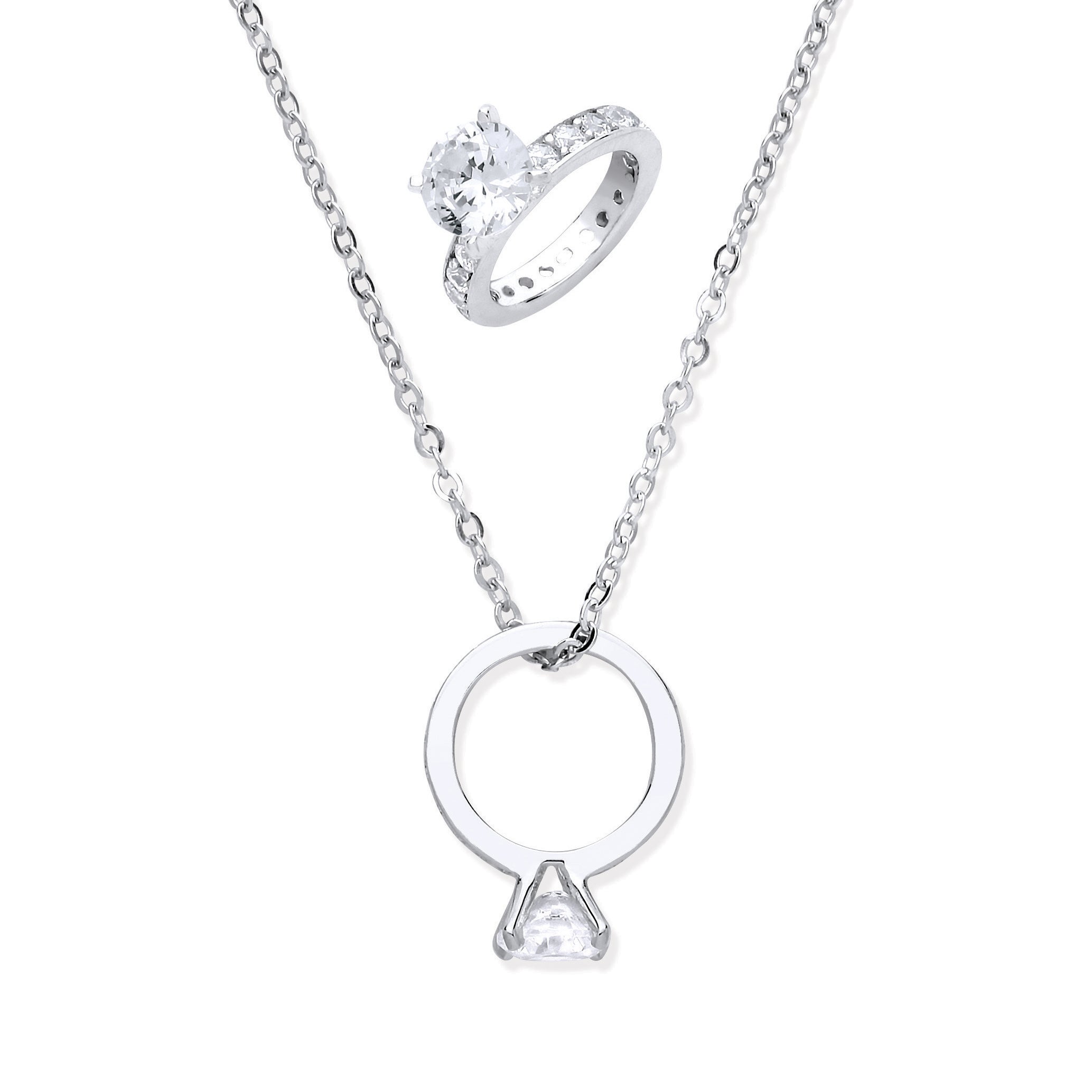 925 Sterling Silver Big Diamond Ring Cubic Zirconia Chain Necklace