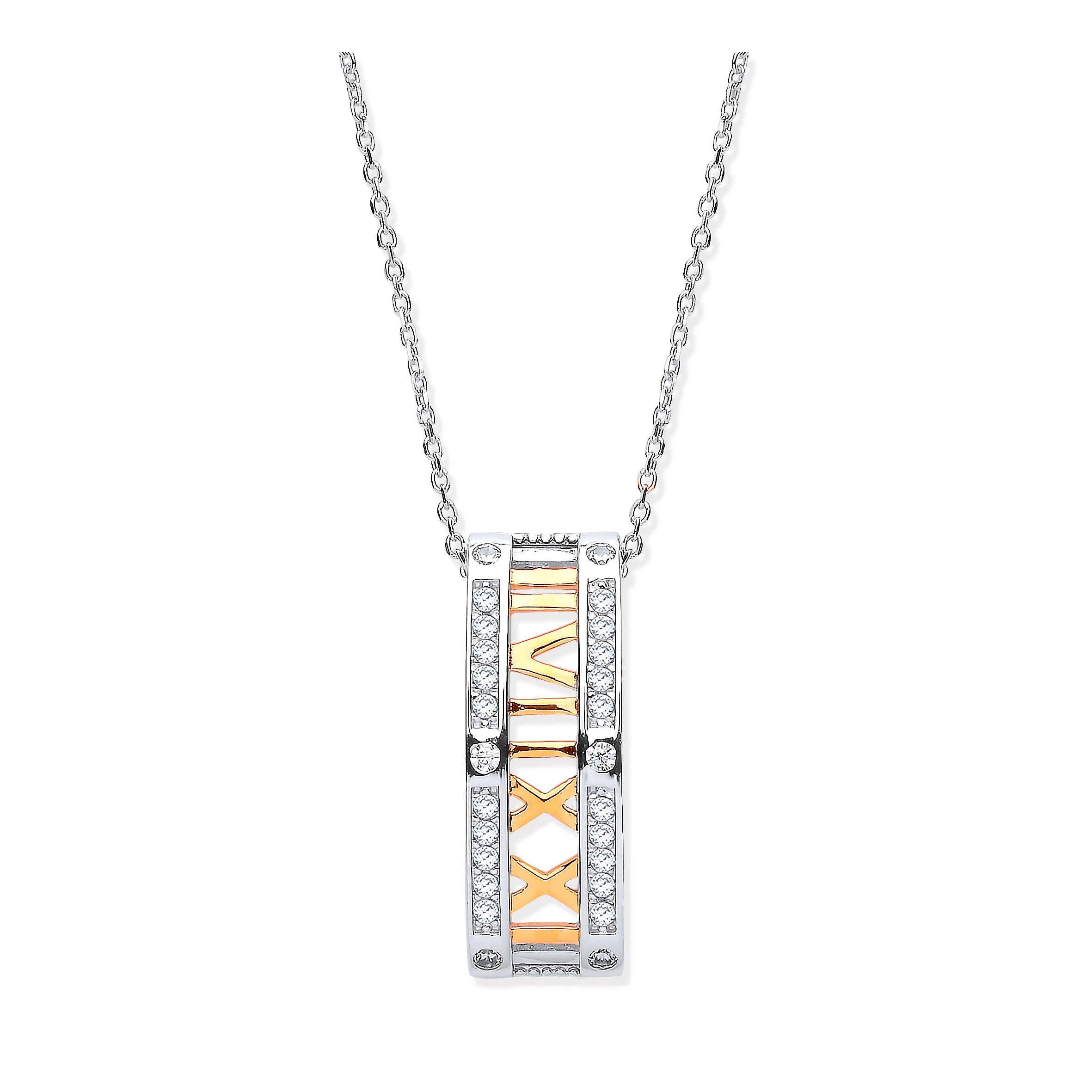 925 Sterling Silver & Roman Numeral Drop Pendant Necklace