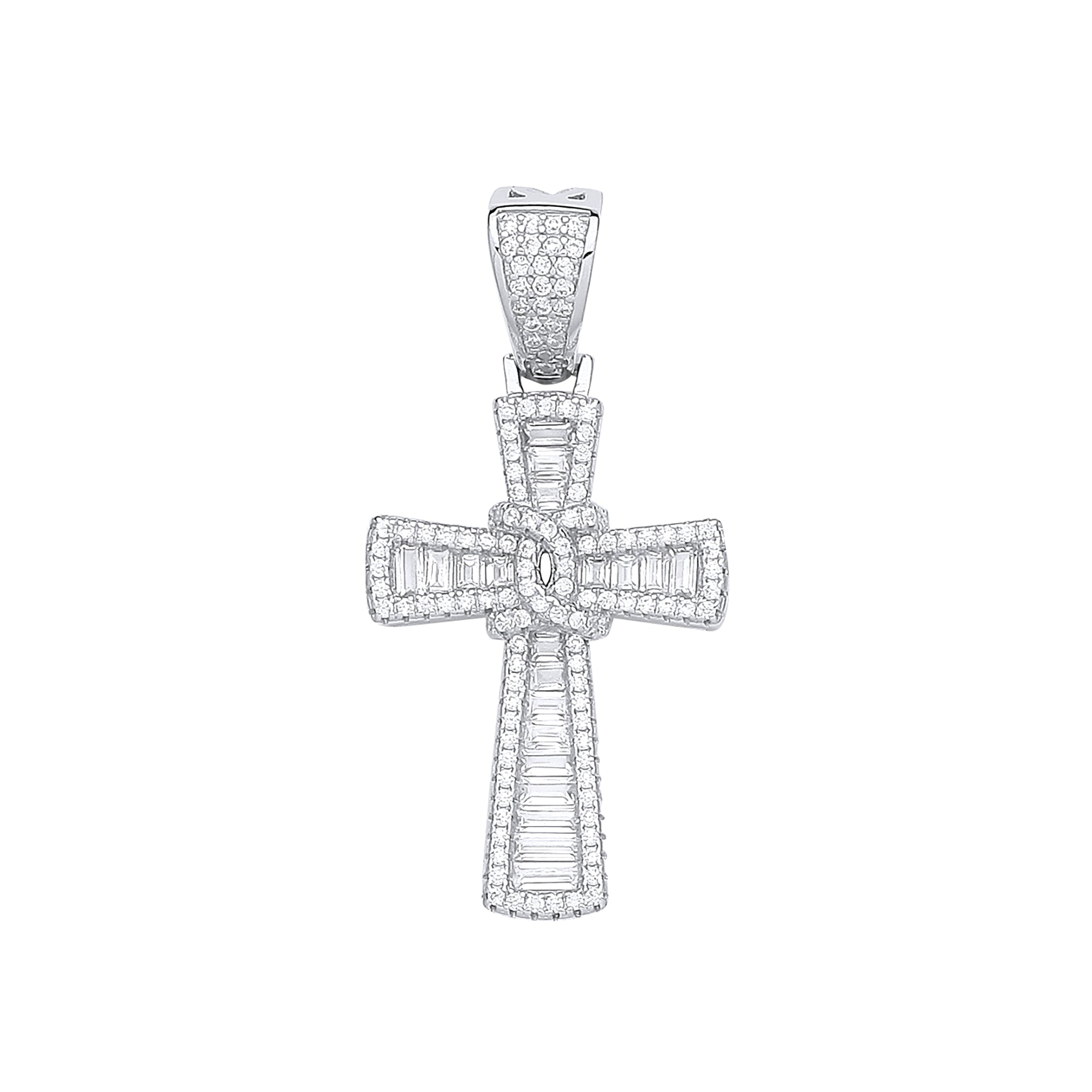 925 Sterling Silver Baguettes & Round CZs Cross with Chain