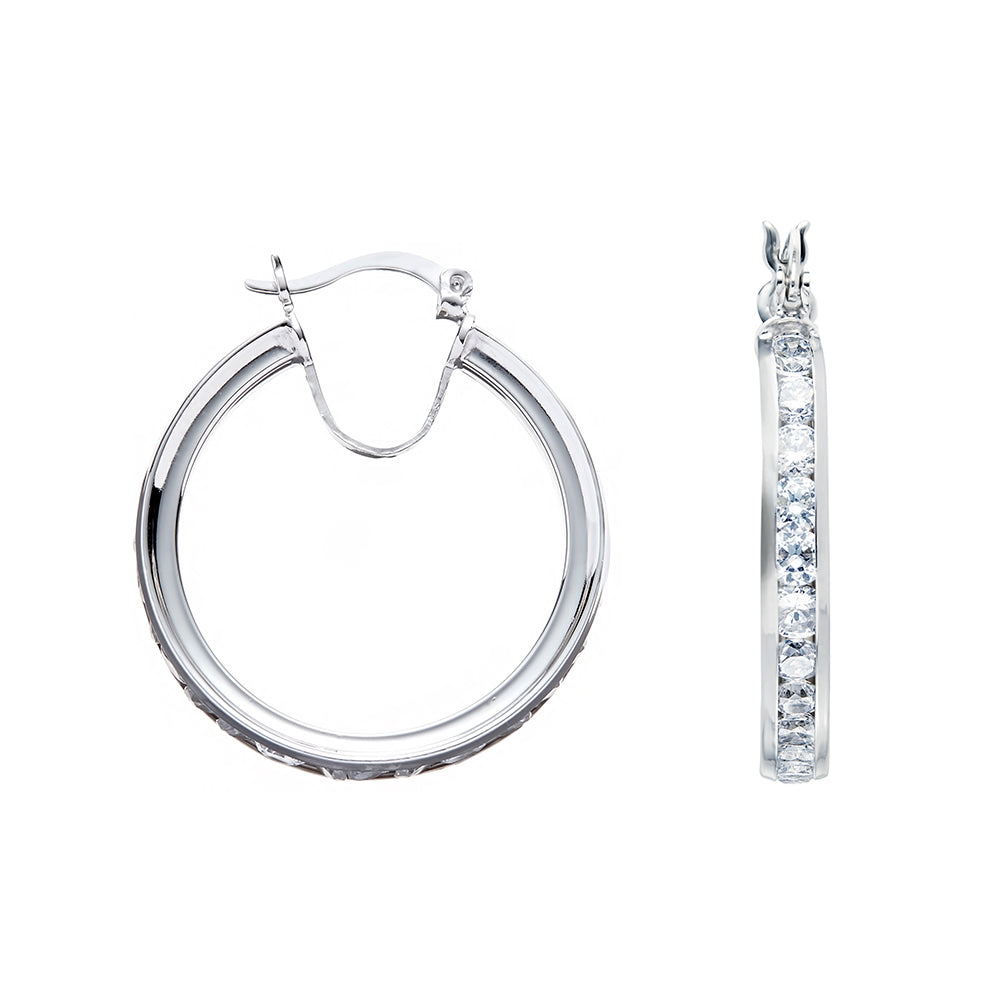 925 Sterling Silver 30mm Channel Set Cubic Zirconia Hoop Earrings