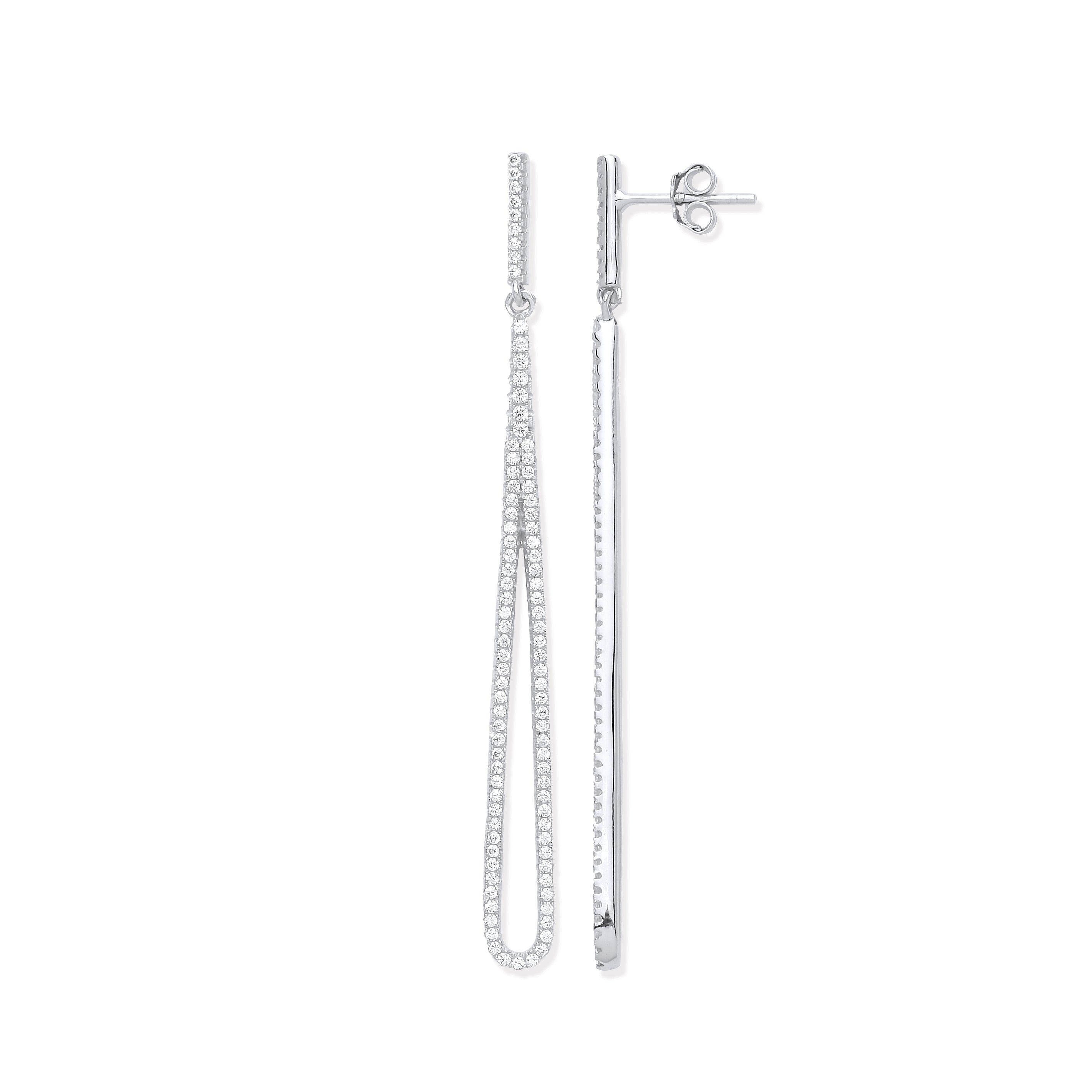 925 Sterling Silver Pave Set Cubic Zirconia Oval Linear Drop Earrings