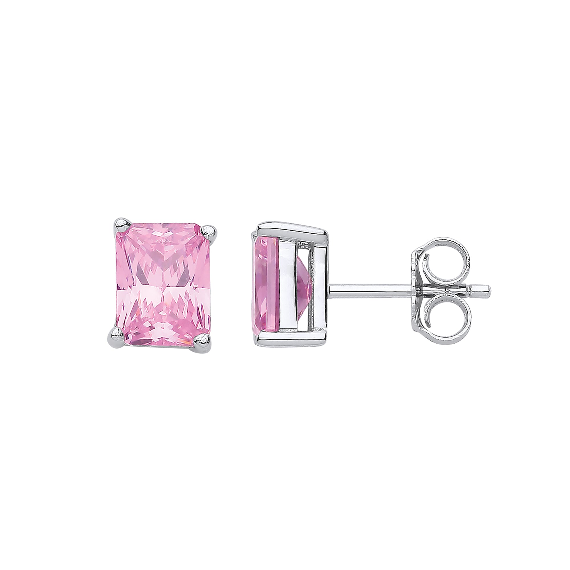 925 Sterling Silver Pink Cubic Zirconia Emerald Cut Studs