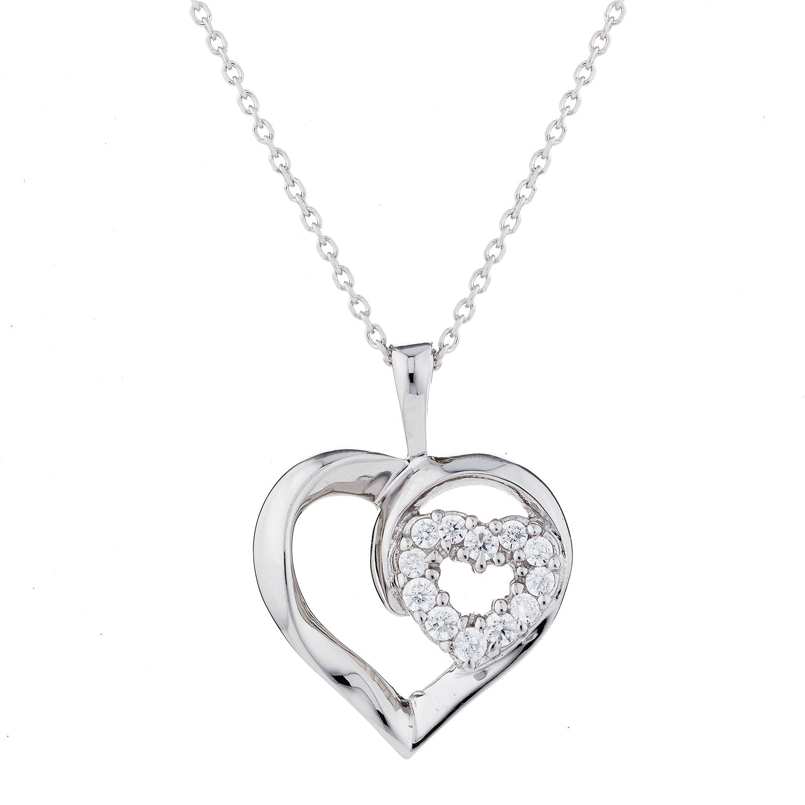 925 Sterling Silver Double Cz Heart Pendant with Chain