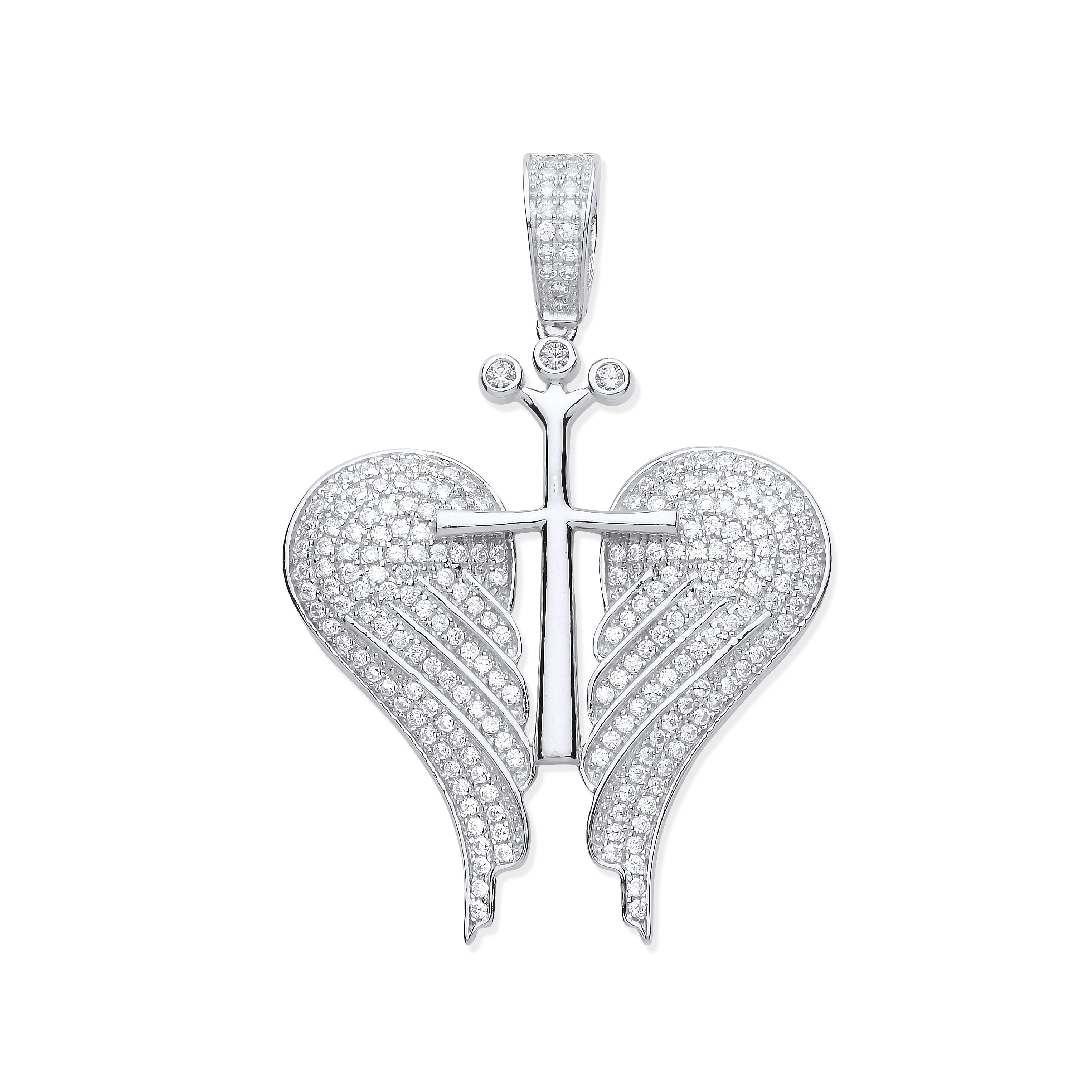 925 Sterling Silver CZ Open Angel Wings with Royal Cross Pendant With Chain