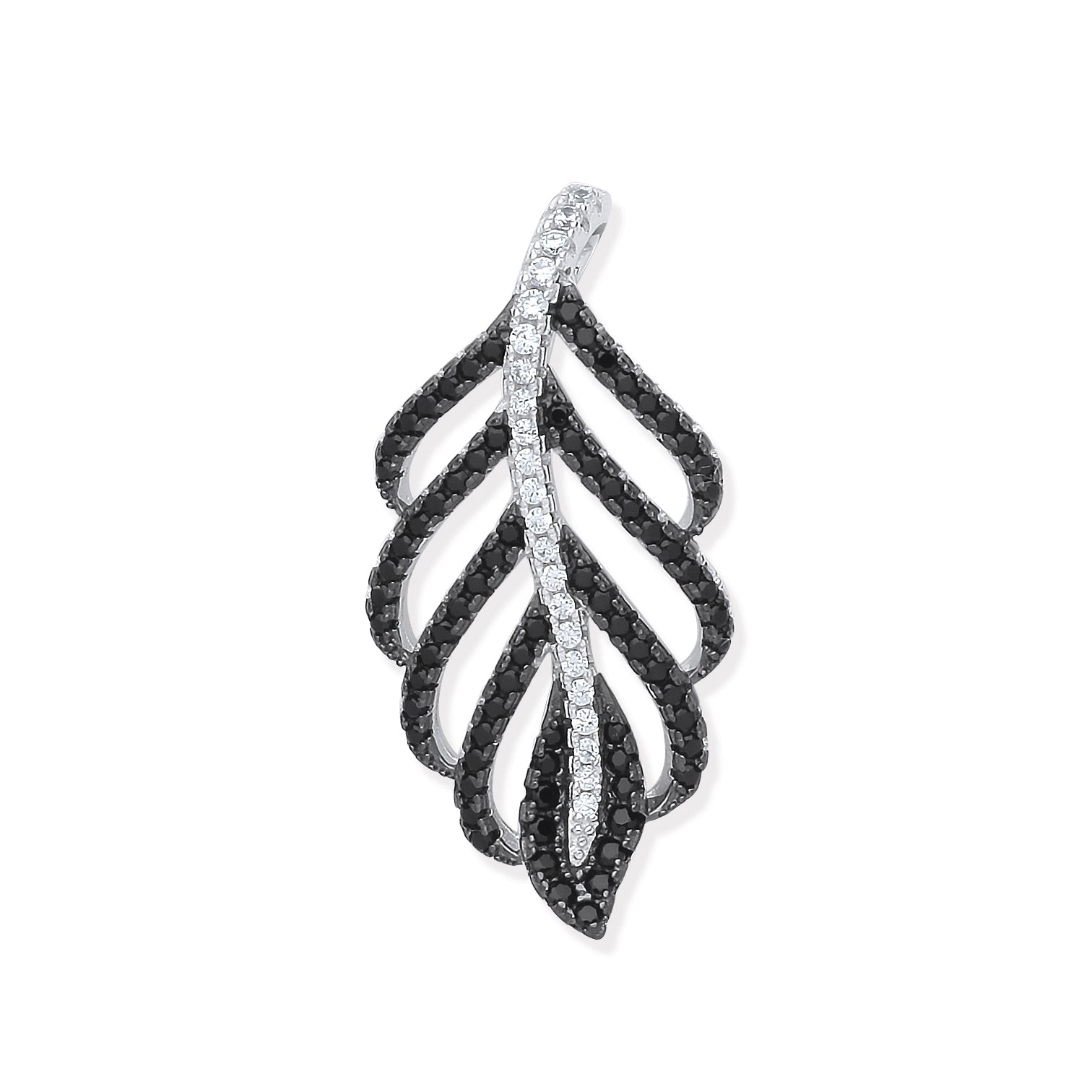 925 Sterling Silver Black & Clear CZ Leaf Drop Pendant with Chain
