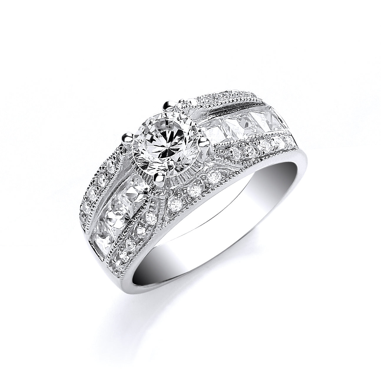 925 Sterling Silver Round Brilliant with Princess Cut Cz Shield Ring