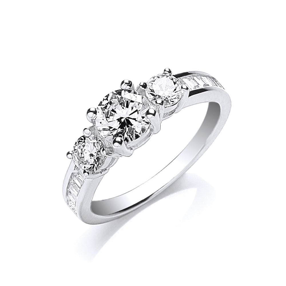 925 Sterling Silver Trilogy Round Brilliant with Baguettes on Shoulder Ring