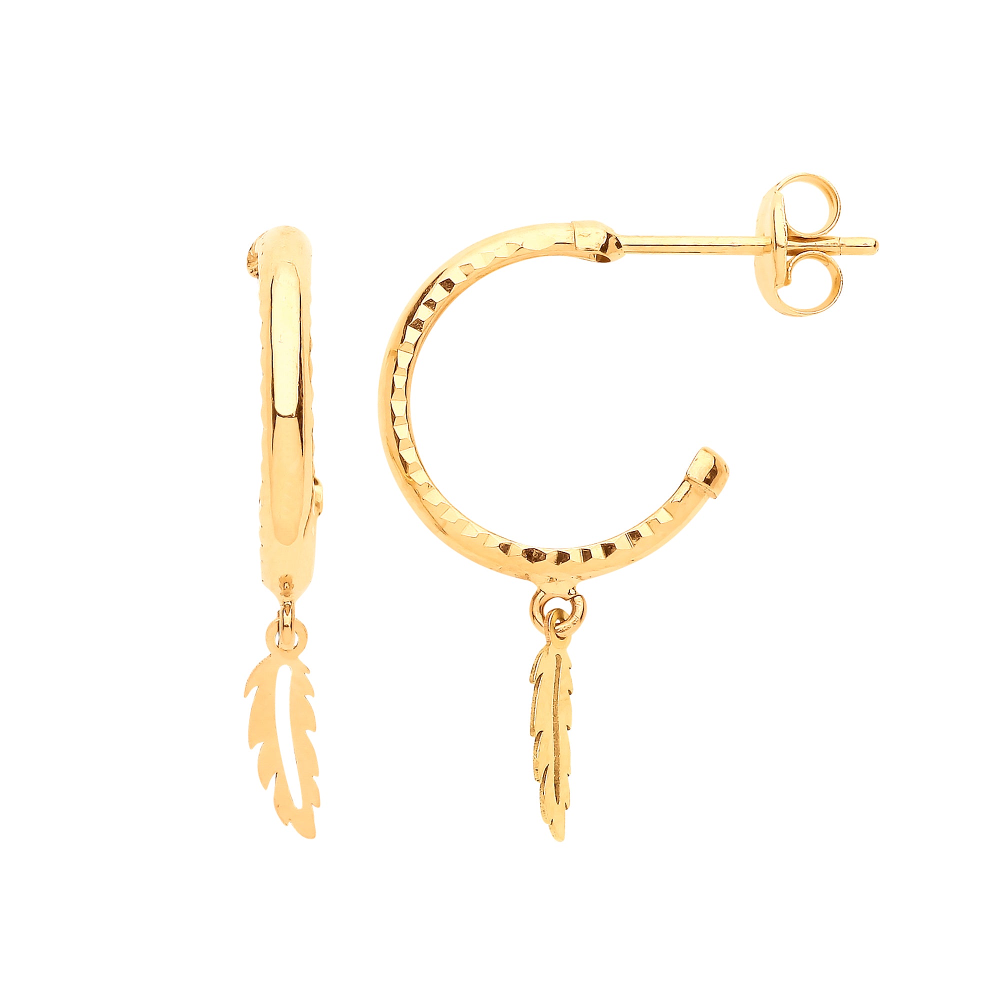 9ct Yellow Gold Diamond Cut Hoop Studs with Feather Drop