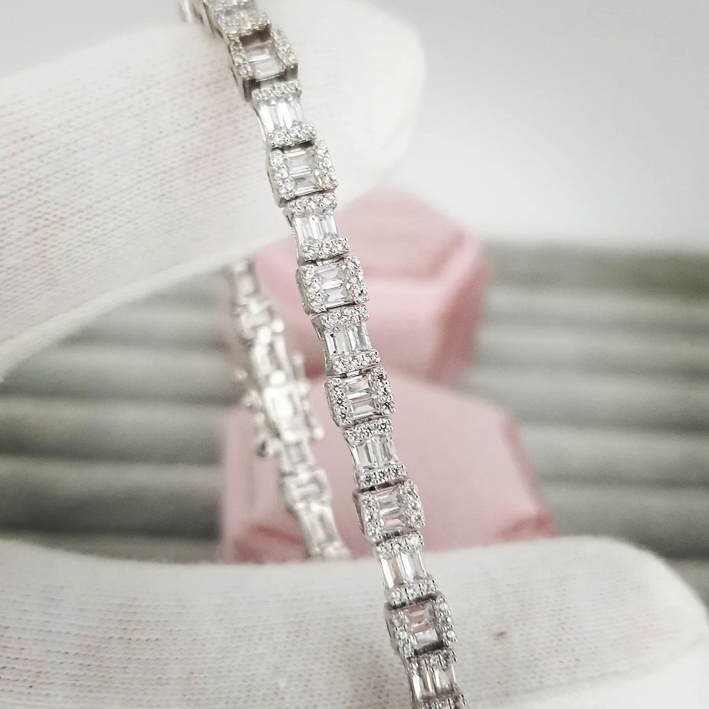 925 Sterling Silver Baguette & Rounds Cut 7" Ladies Cz Tennis Bracelet