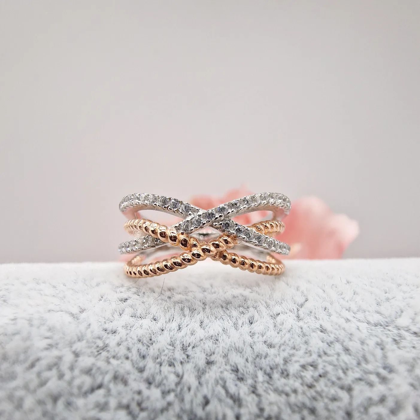 925 Sterling Silver Micro Pave' Rose Coated & Silver Cz Crossover Ring J-Jaz