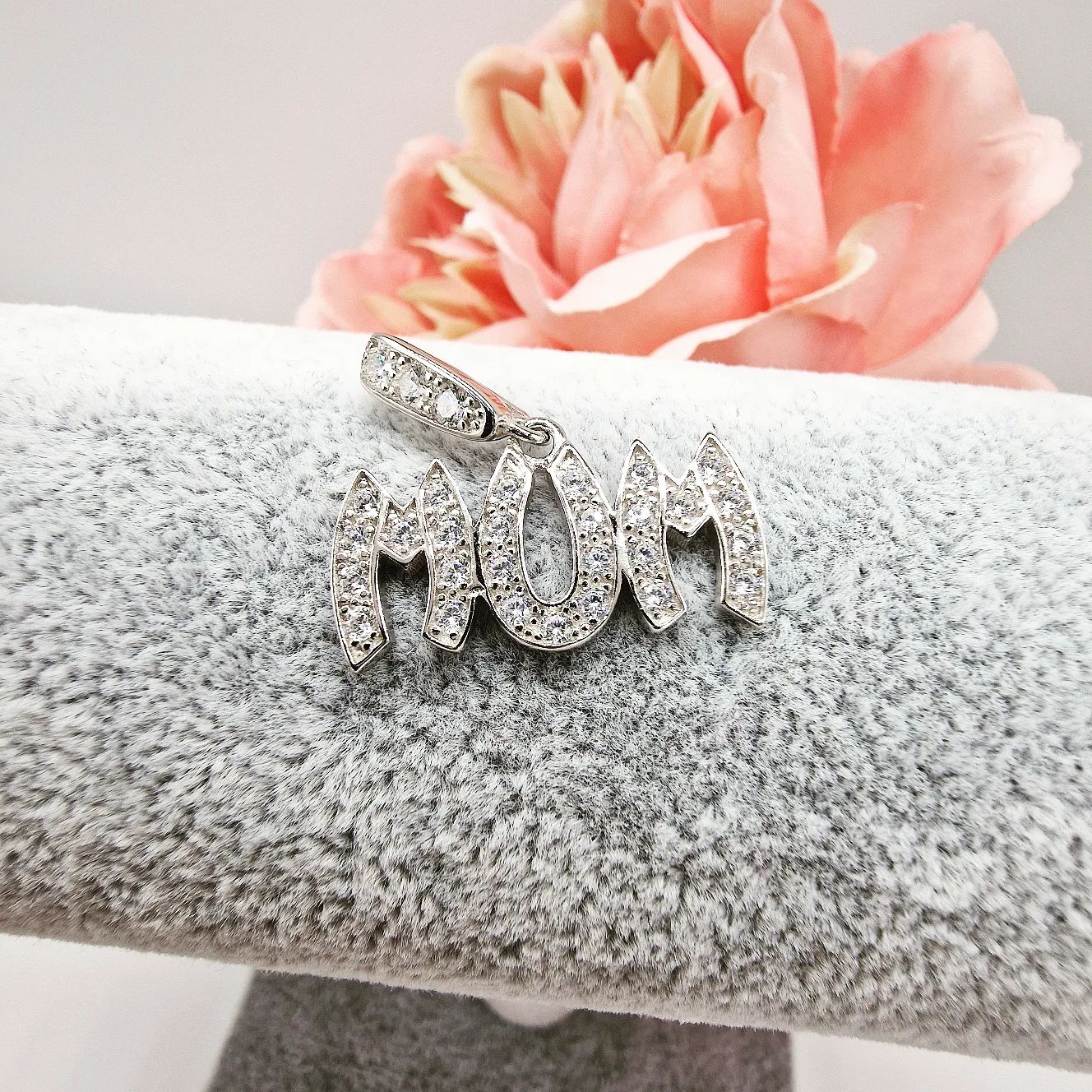 925 Sterling Silver Pave Set Cz Mum Drop Pendant with Chain