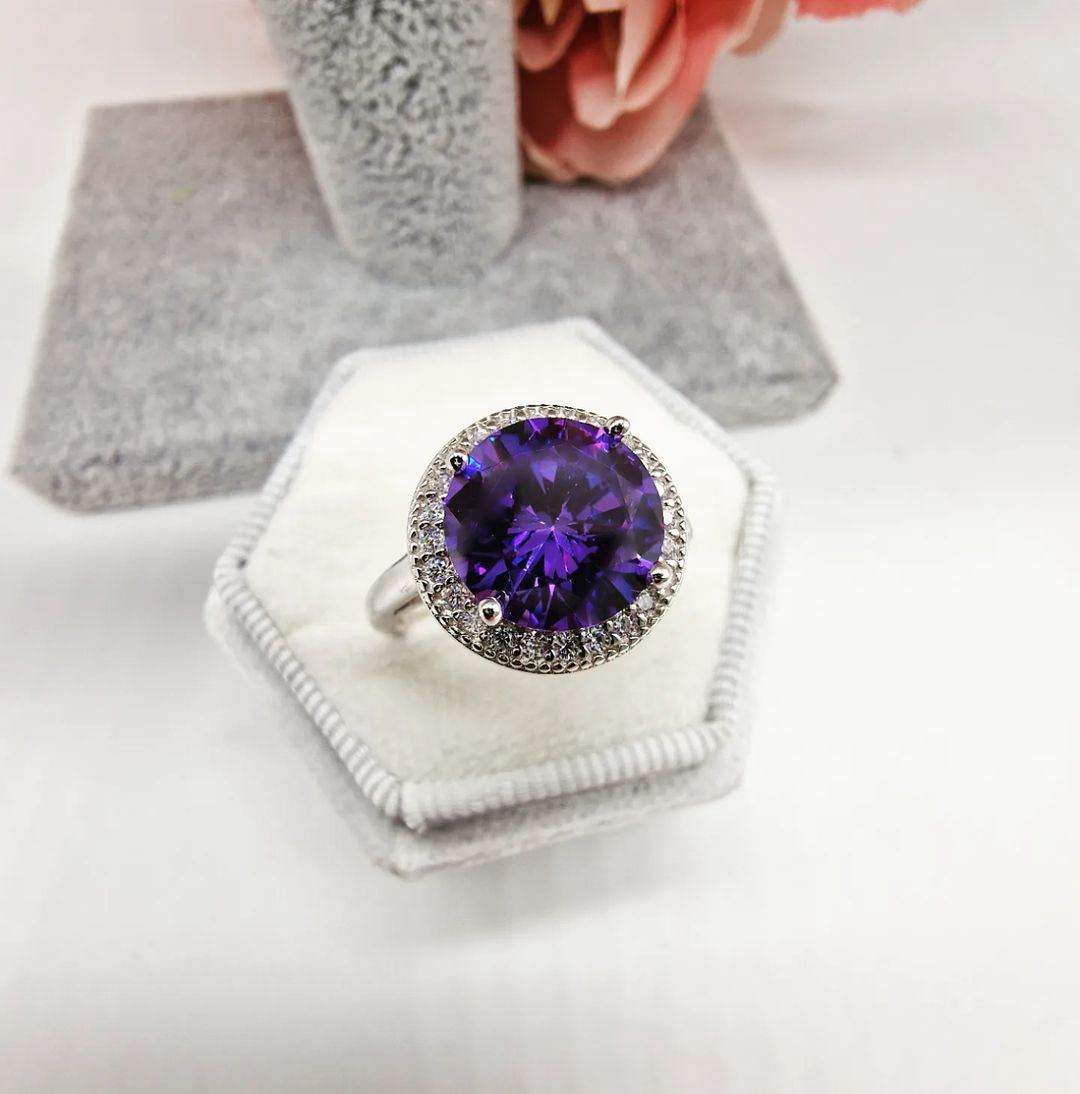 925 Sterling Silver Amethyst Cz Halo Ring