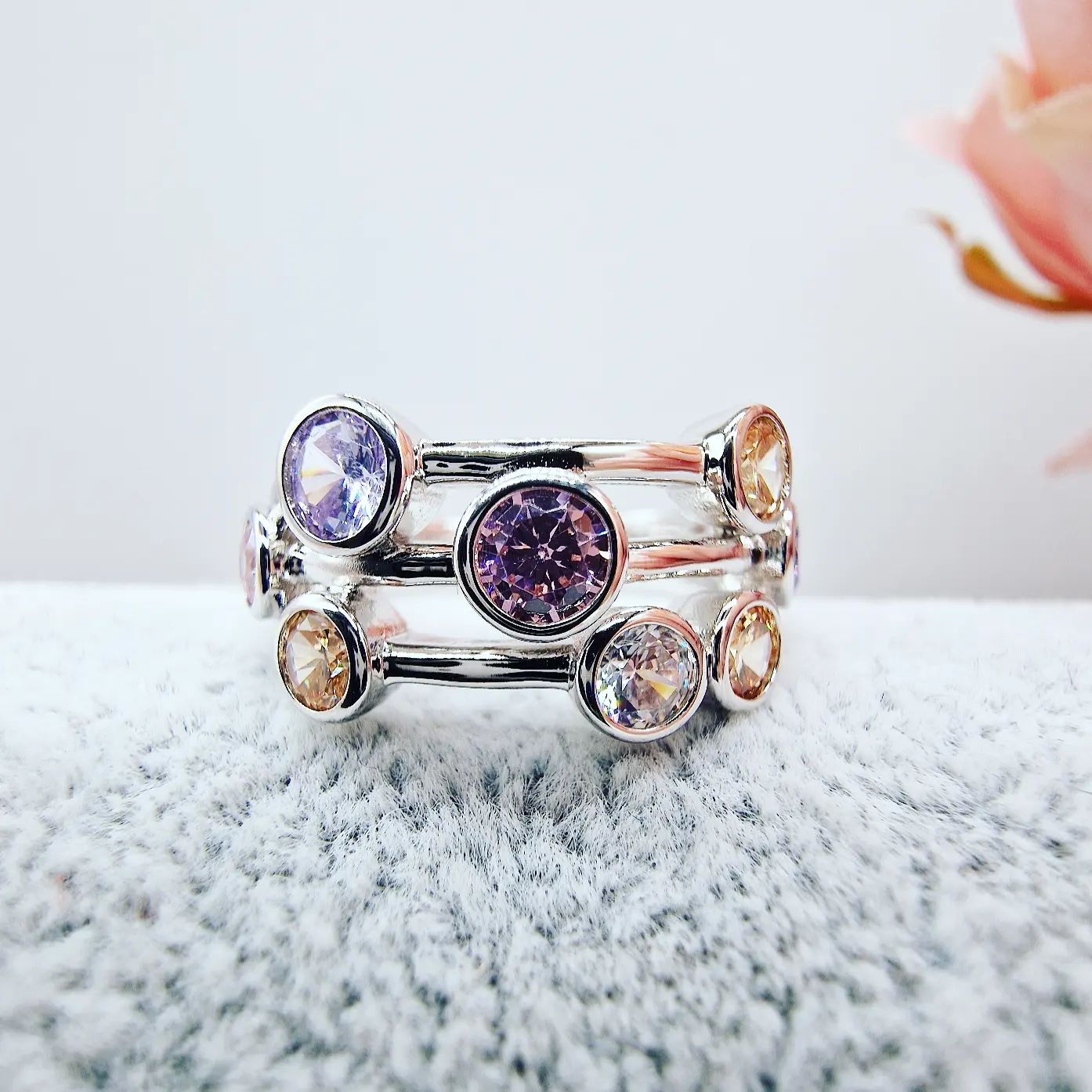 925 Sterling Silver Multi Colour Rubover set CZs Ring - J Jaz