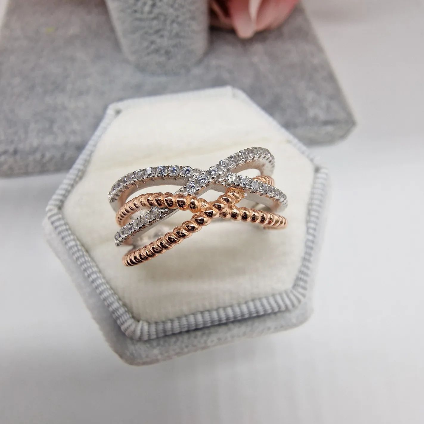 925 Sterling Silver Micro Pave' Rose Coated & Silver Cz Crossover Ring J-Jaz