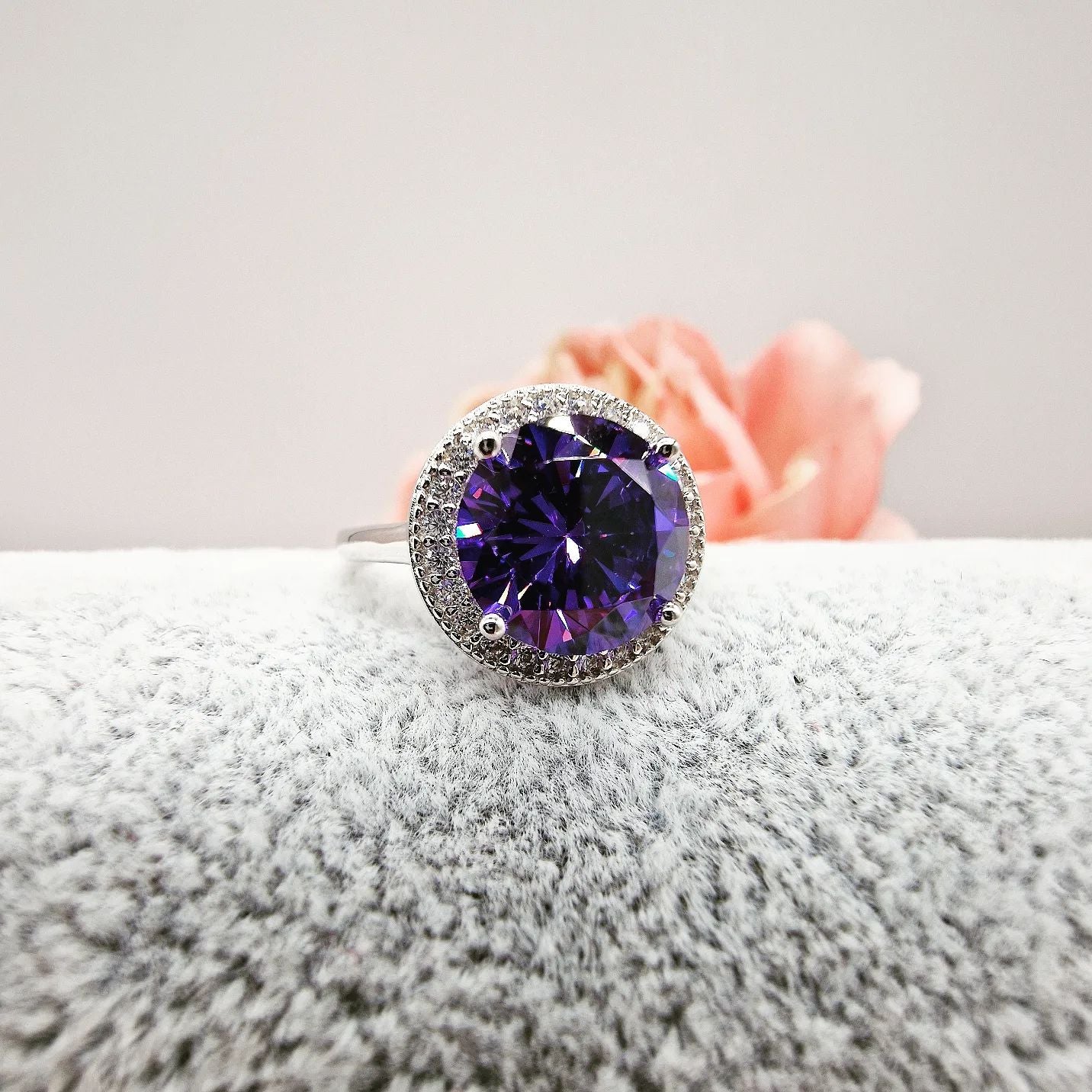 925 Sterling Silver Amethyst Cz Halo Ring