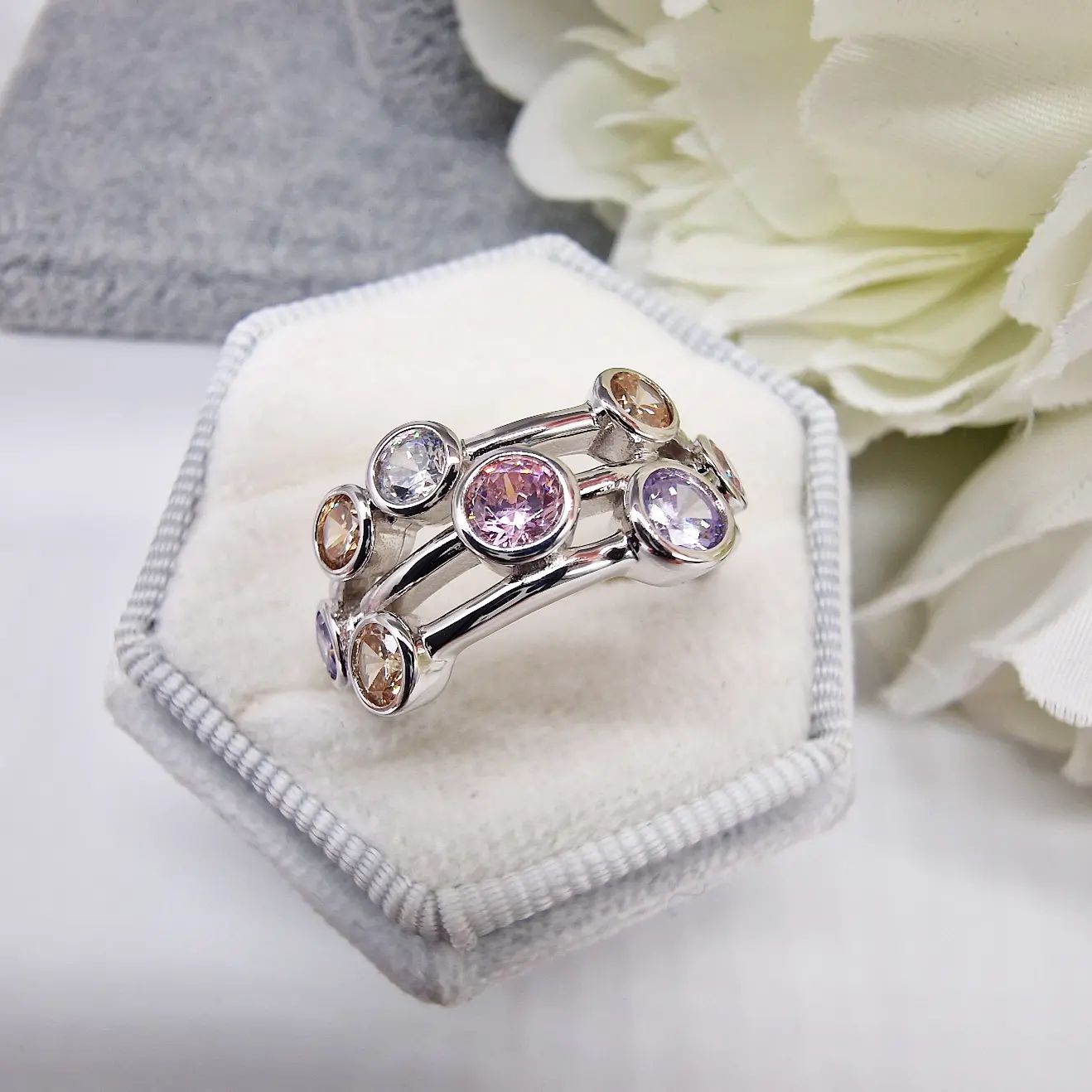 925 Sterling Silver Multi Colour Rubover set CZs Ring - J Jaz