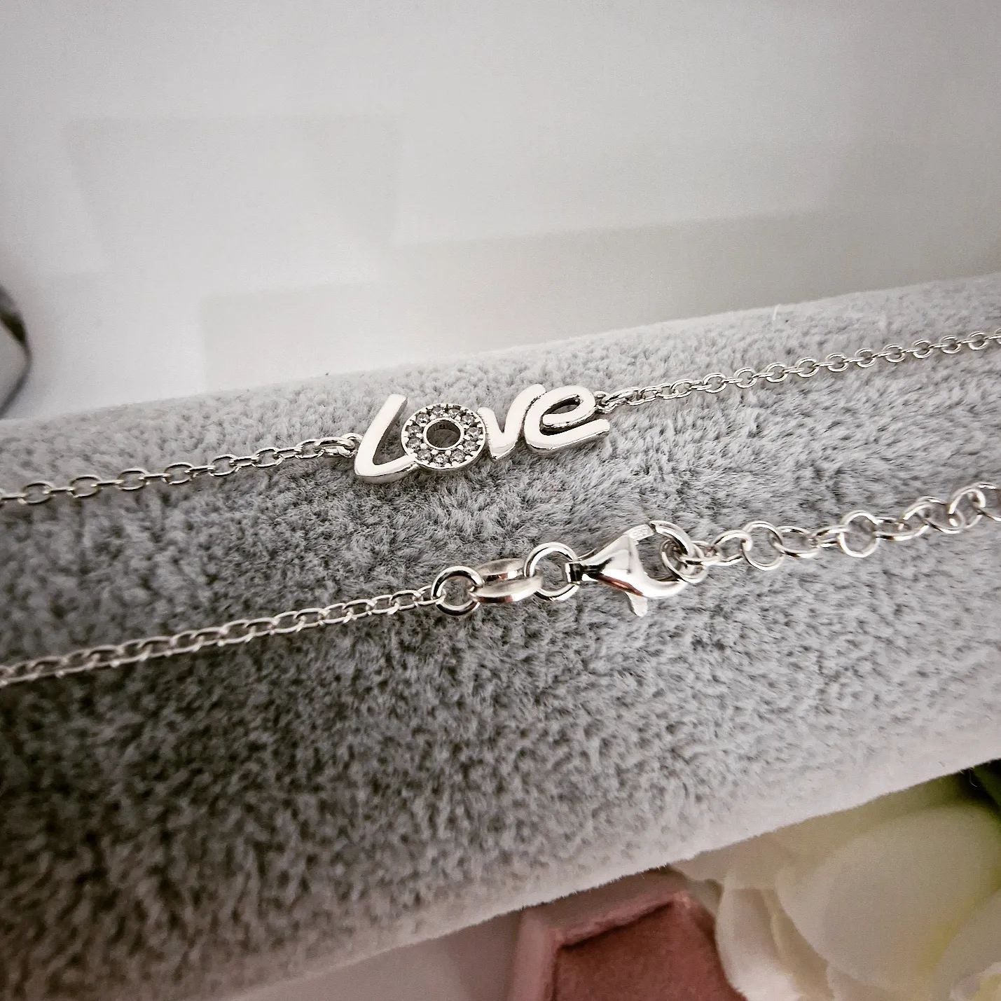 925 Sterling Silver Cubic Zirconia Love Charm Chain/Bracelet