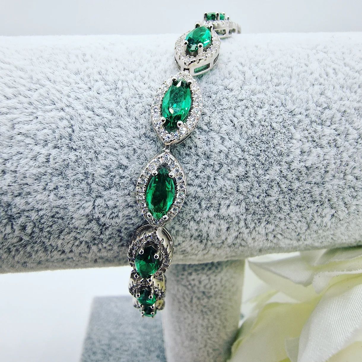 925 Sterling Silver Green Marquise Cut CZs Ladies Bracelet