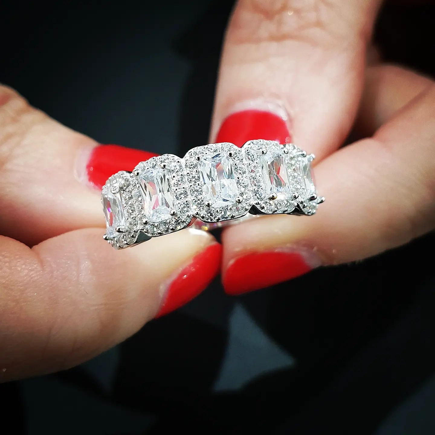 925 Sterling Silver 5 Stone Emerald Cut Eternity Ring