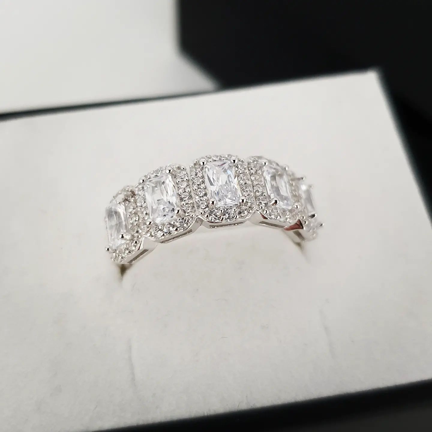 925 Sterling Silver 5 Stone Emerald Cut Eternity Ring