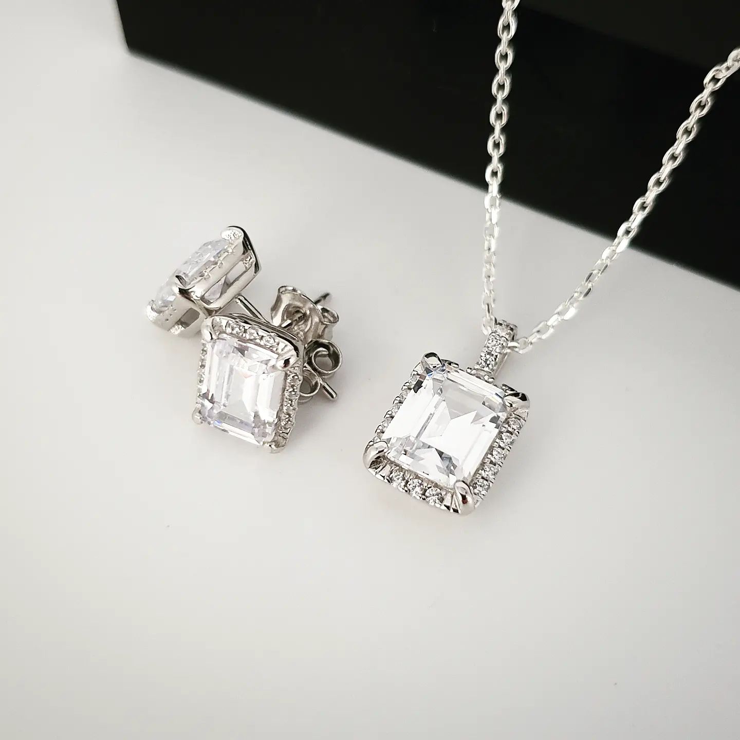 925 Sterling Silver Emerald Cut Cz Halo Pendant & Earrings Set (Free Chain)
