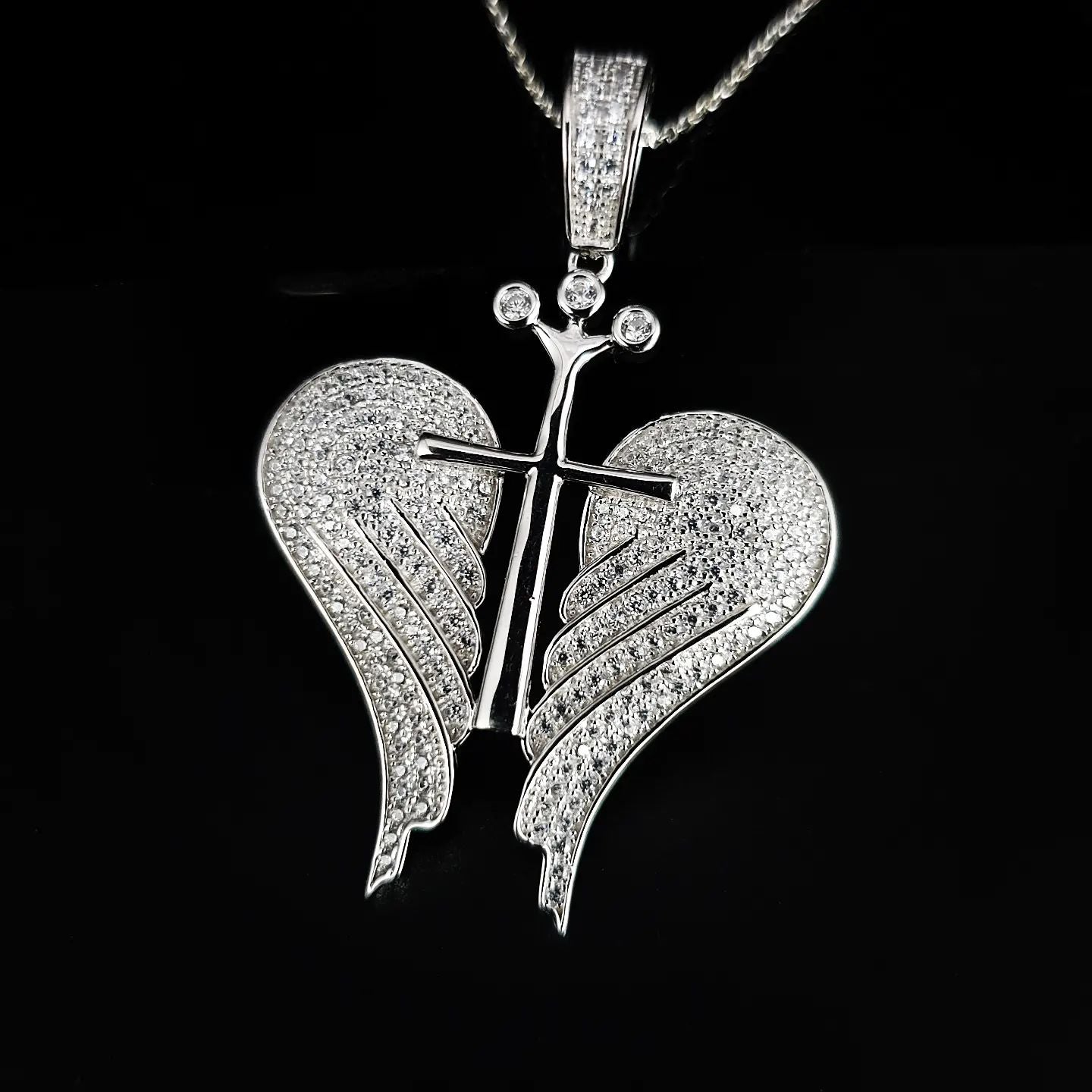 925 Sterling Silver CZ Open Angel Wings with Royal Cross Pendant With Chain