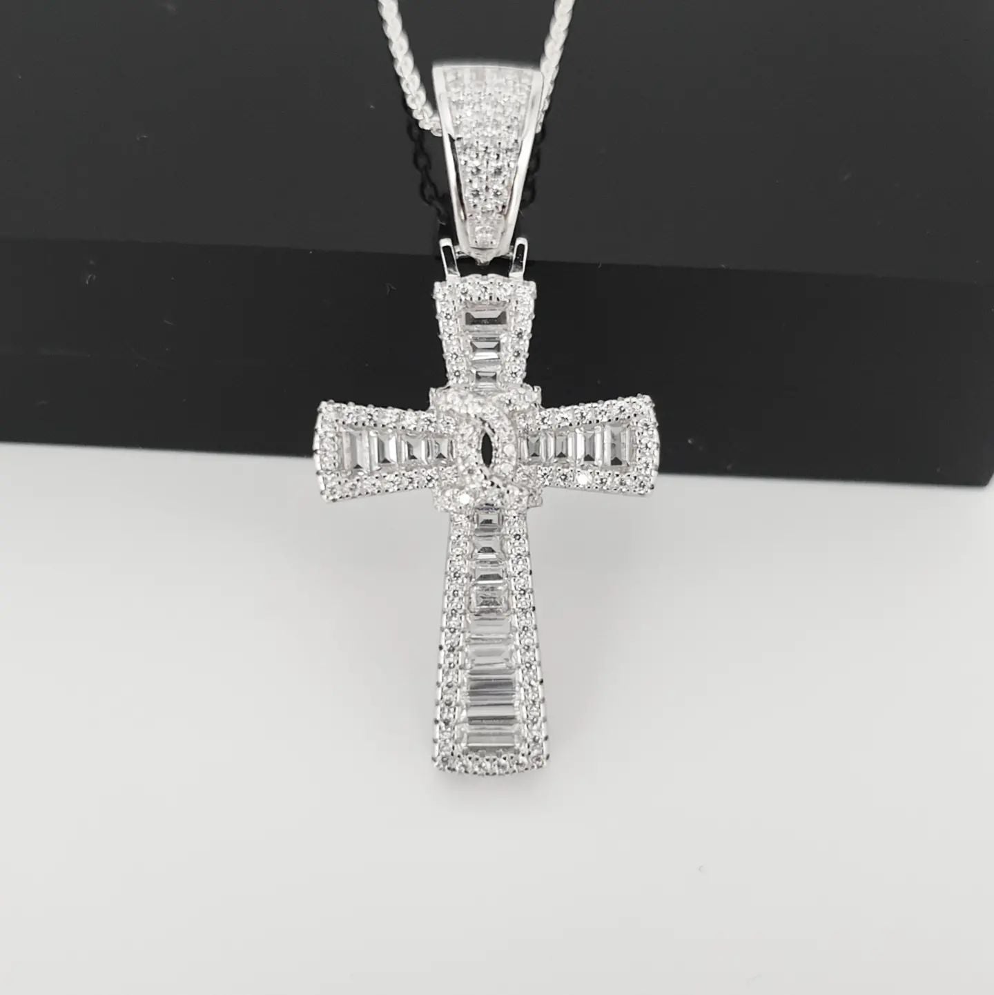 925 Sterling Silver Baguettes & Round CZs Cross with Chain