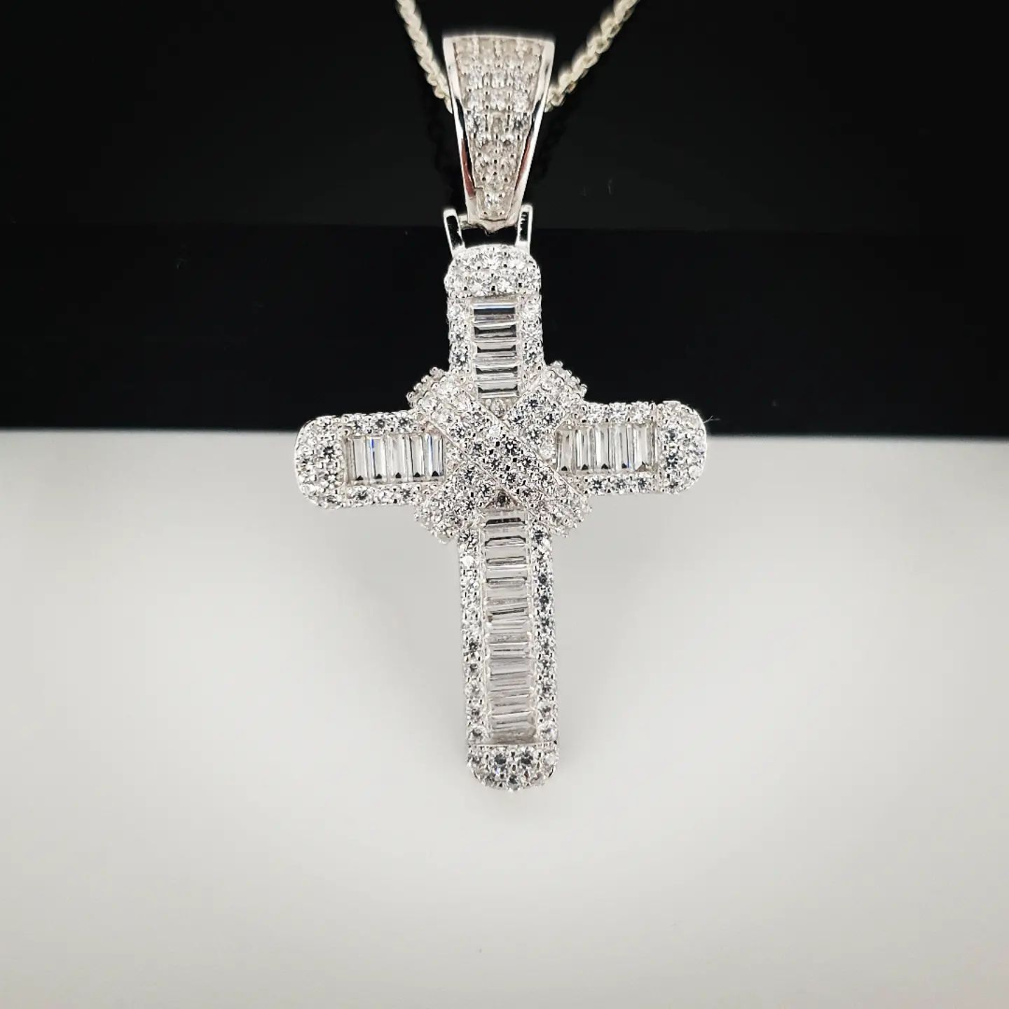 925 Sterling Silver Round & Baguette CZs Kiss Cross with Chain