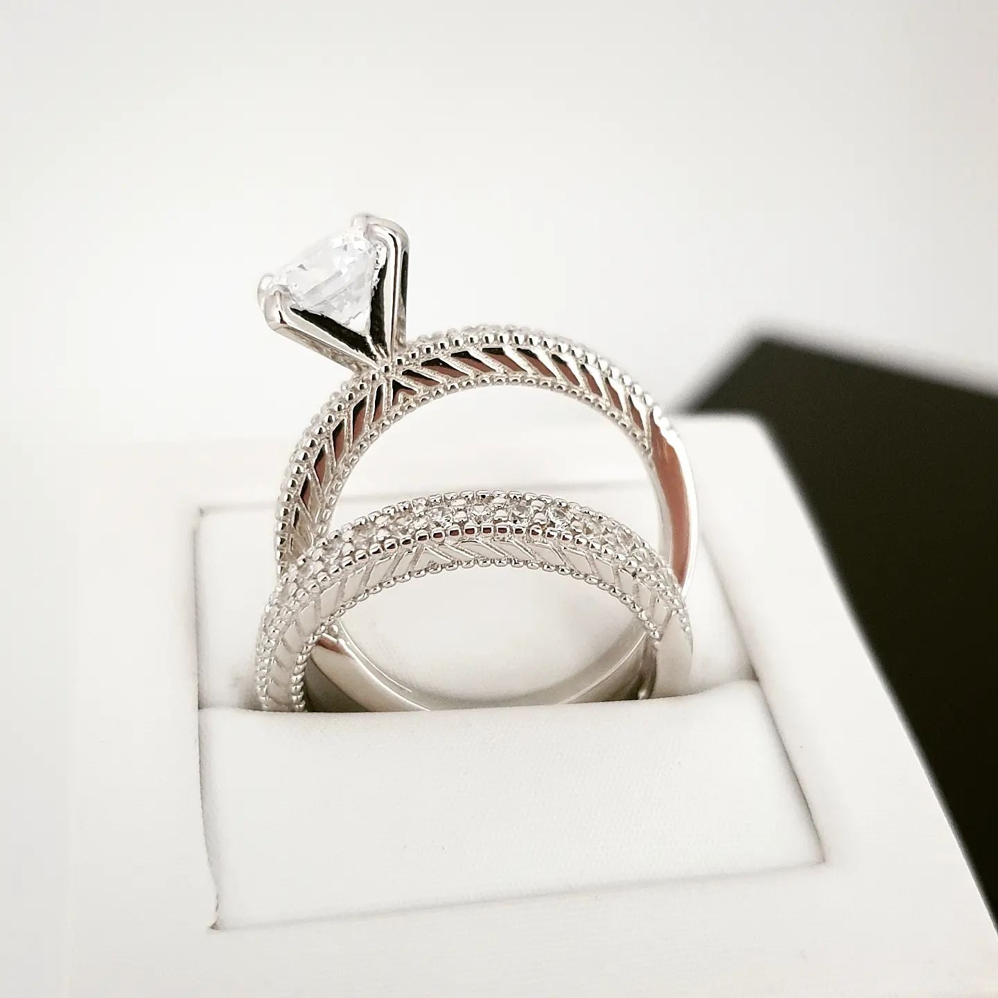 925 Sterling Silver Bridal Cz Solitaire with Fancy Band Design Ring Set