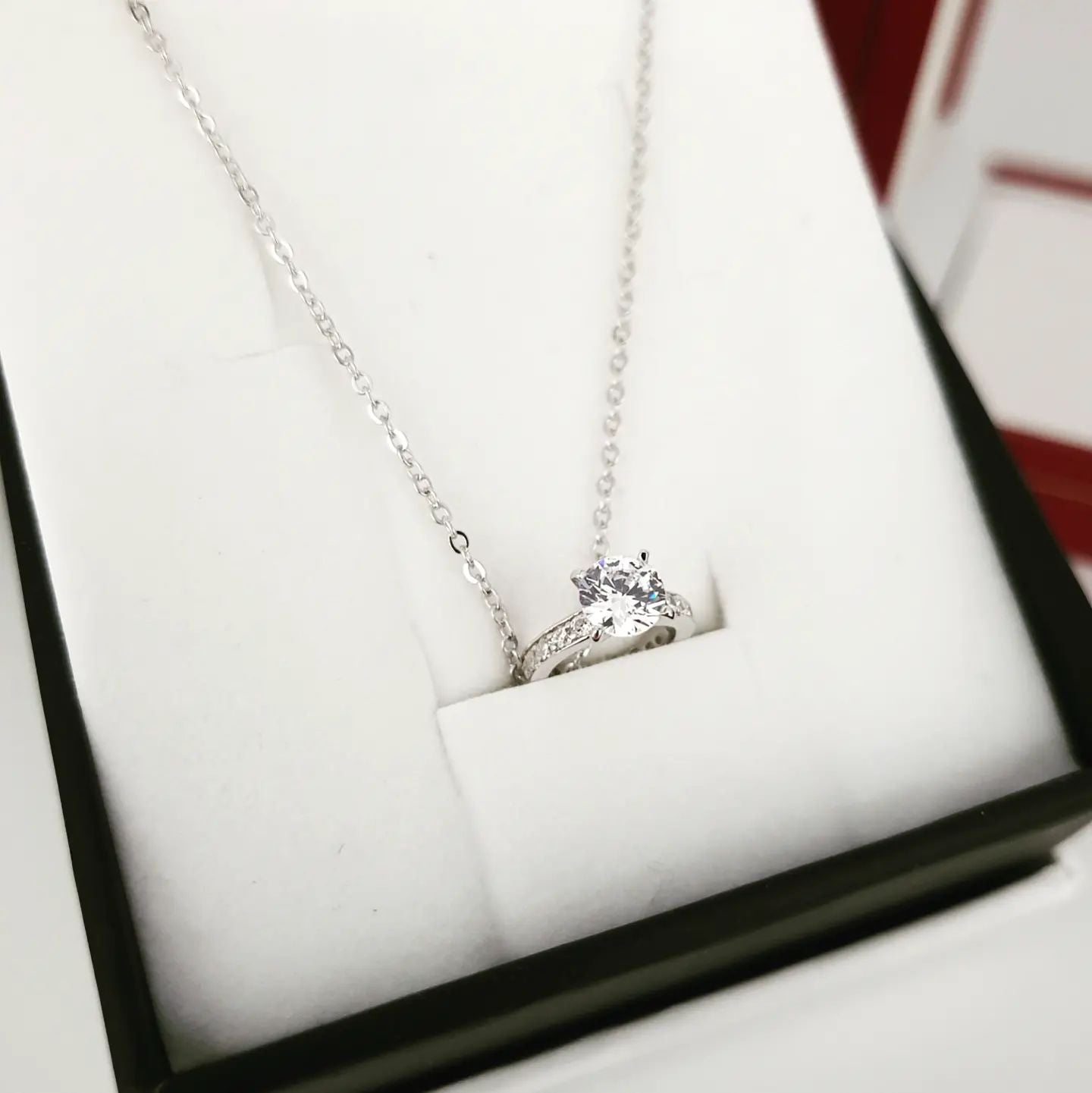 925 Sterling Silver Big Diamond Ring Cubic Zirconia Chain Necklace