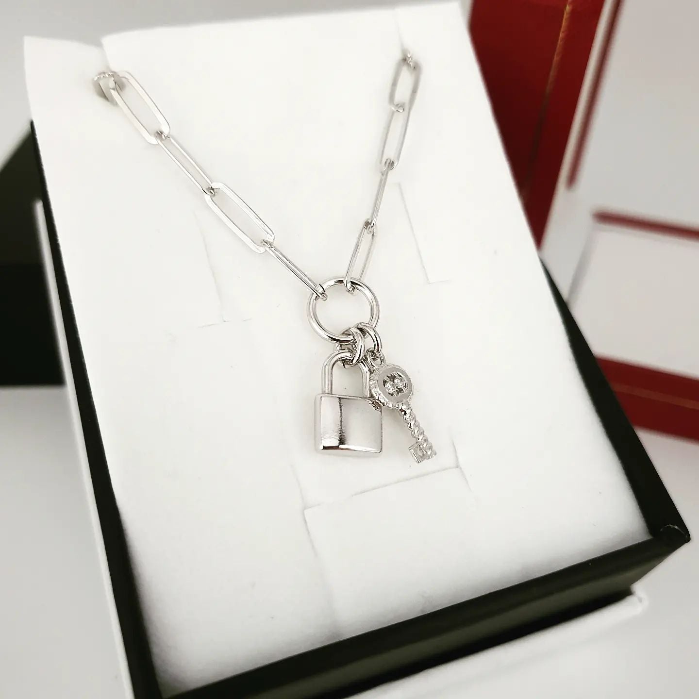 925 Sterling Silver Paperclip Chain , Padlock & Cubic Zirconia Key Necklace