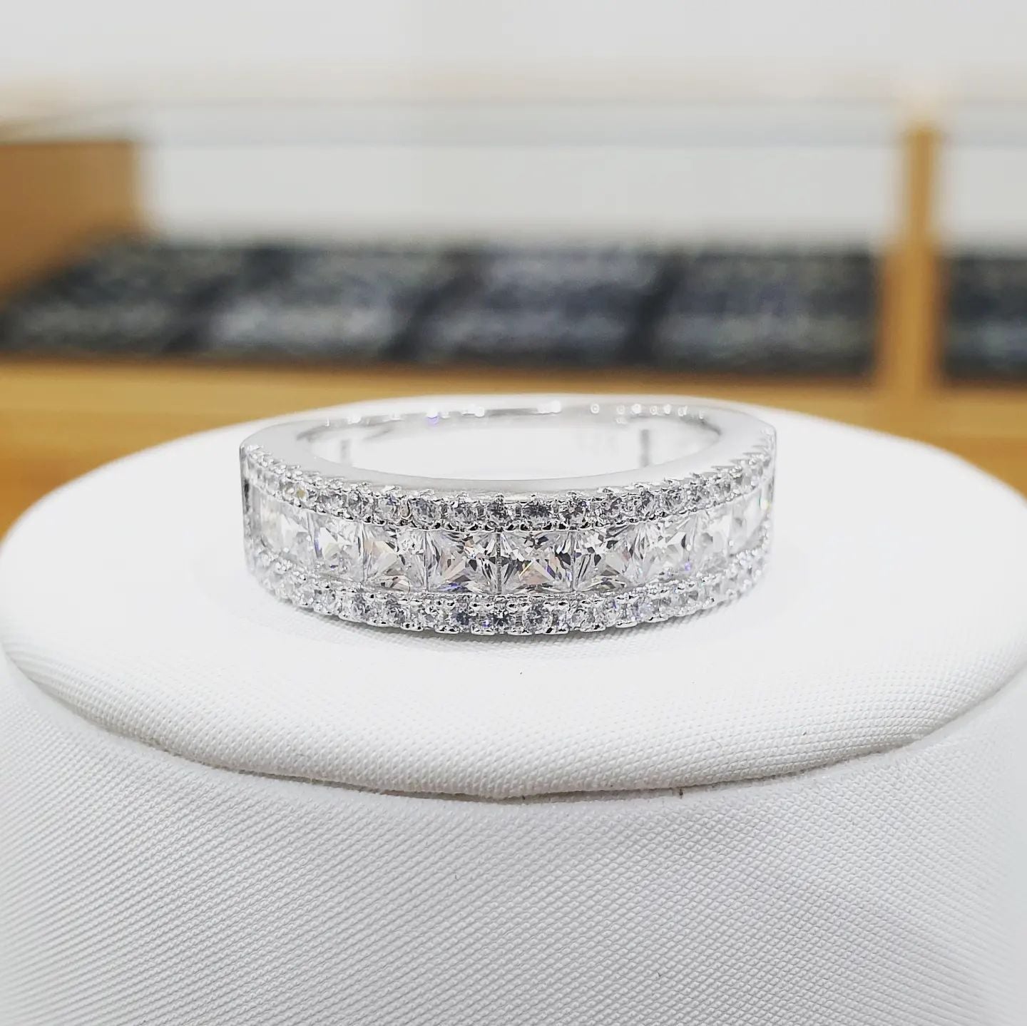 925 Sterling Silver Princess Cut & Round CZs Half ET Ring