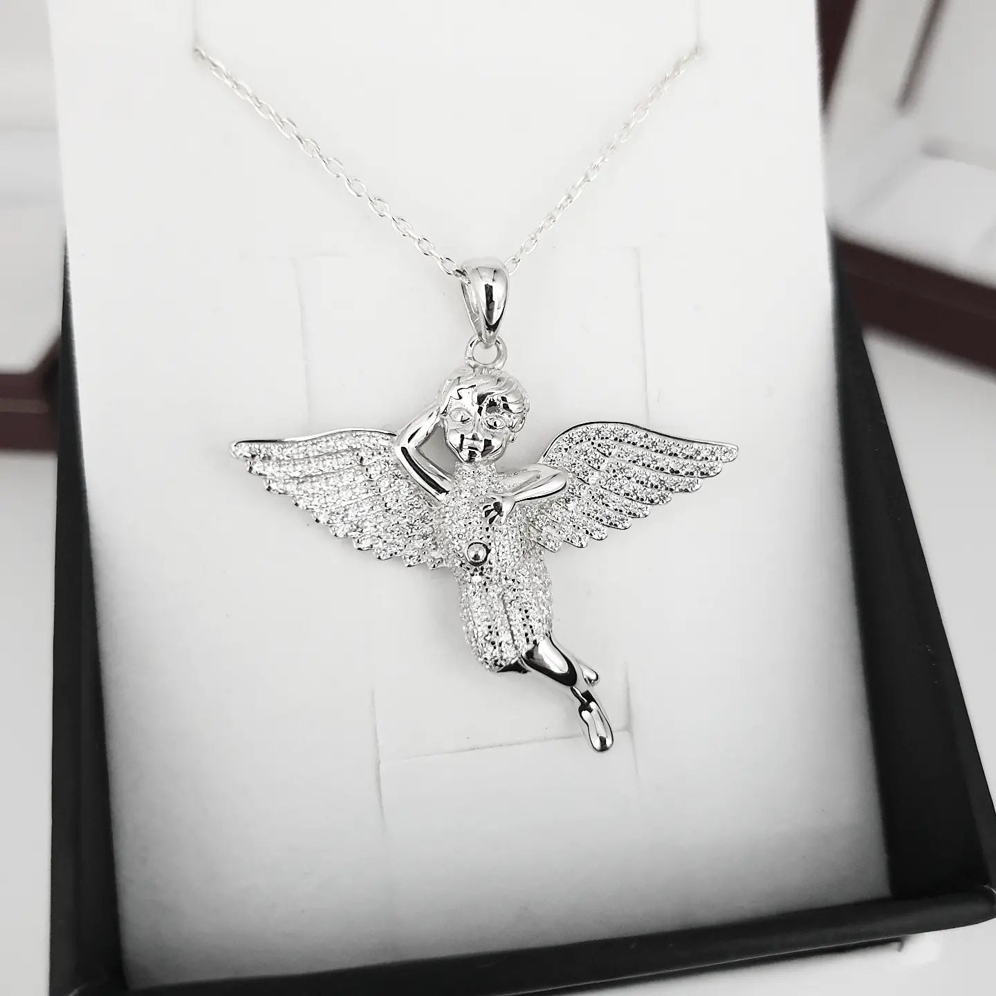 925 Sterling Silver CZ Cherub Angel Pendant with Chain