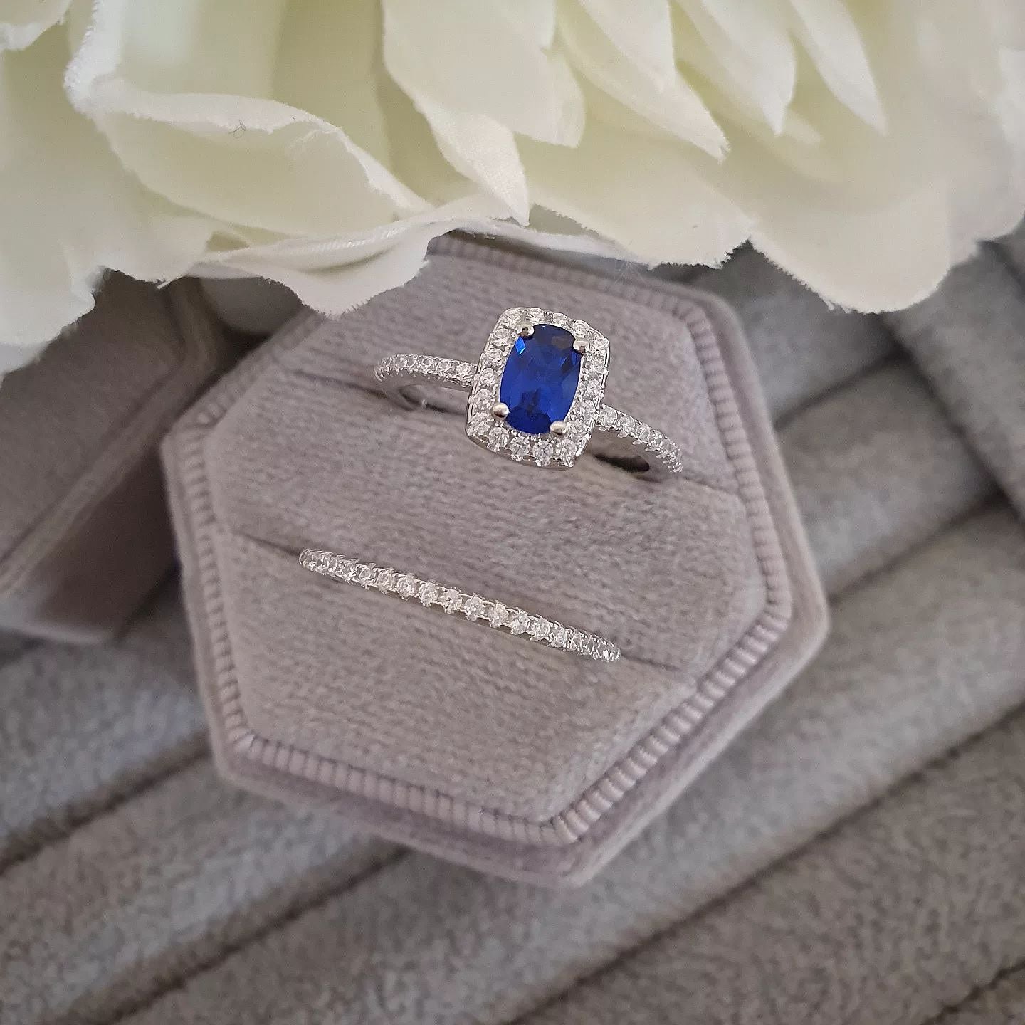 925 Sterling Silver Blue Sapphire Cz Emerald Cut Halo Ring Set