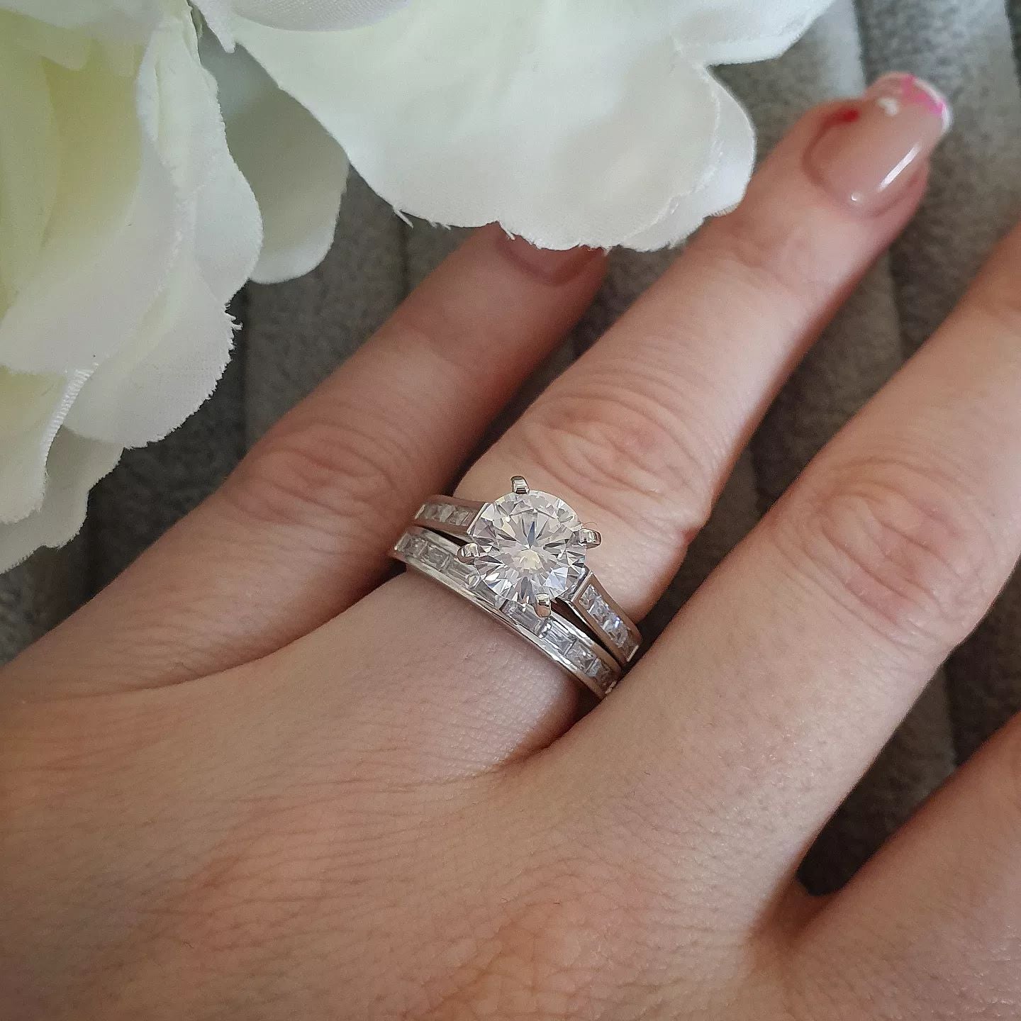 925 Sterling Silver 2ct Solitaire & Baguette Cut Eternity Cz Ring Set