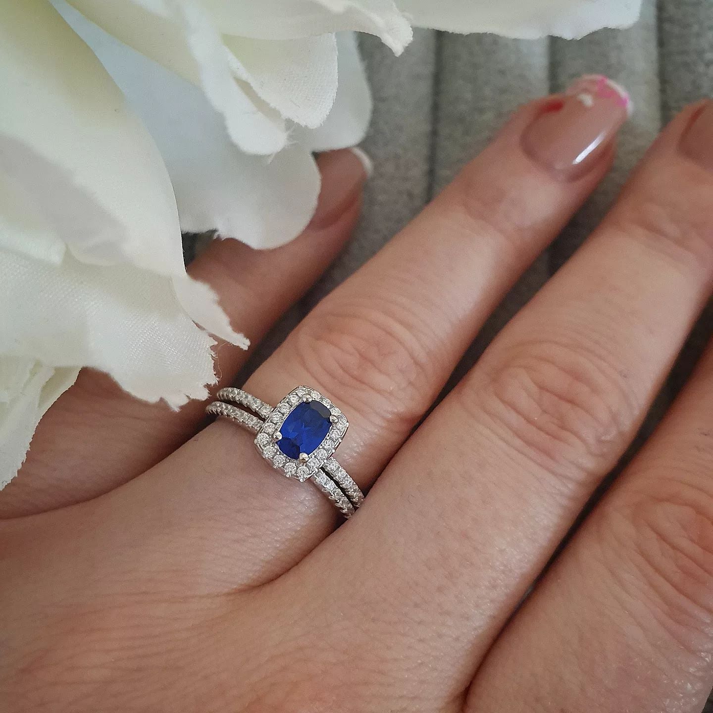 925 Sterling Silver Blue Sapphire Cz Emerald Cut Halo Ring Set