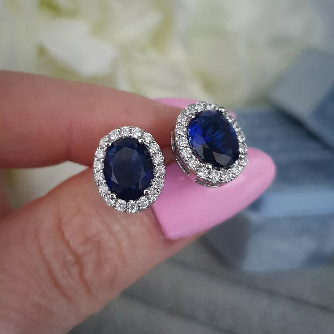 925 Sterling Silver Blue Sapphire Cubic Zirconia Oval Stud Earrings