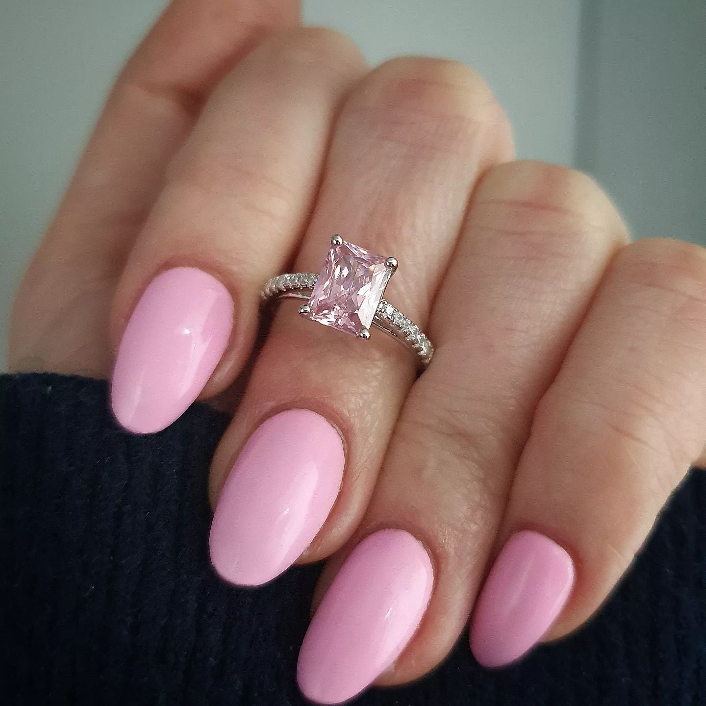 925 Sterling Silver Pink Emerald Cut Cz with Round Cz Shoulders Ring