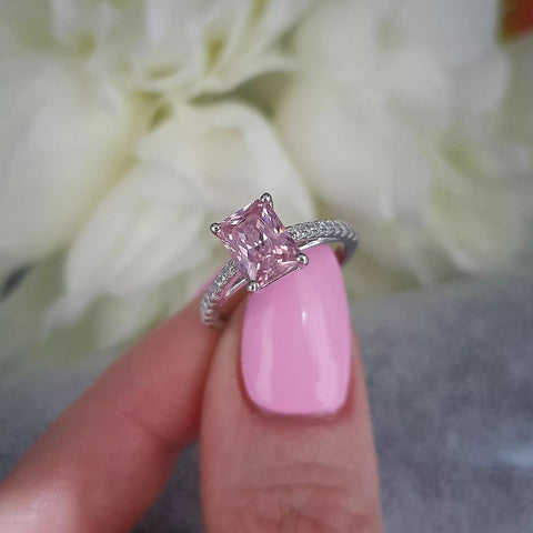 925 Sterling Silver Pink Emerald Cut Cz with Round Cz Shoulders Ring