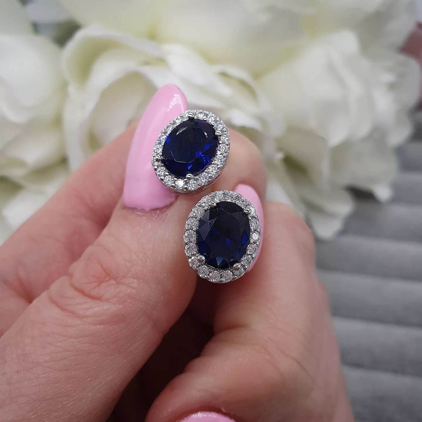 925 Sterling Silver Blue Sapphire Cubic Zirconia Oval Stud Earrings