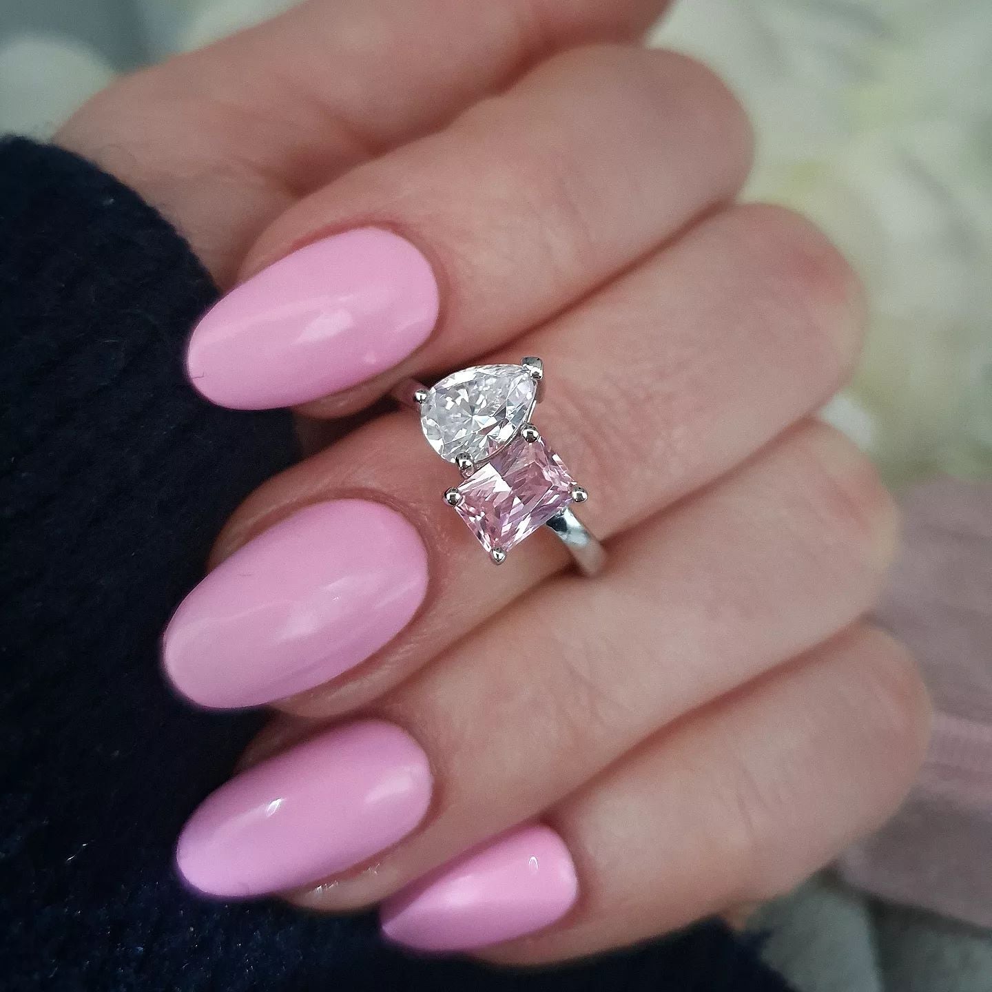 925 Sterling Silver Pink & White Cz Tension Crossover Ring