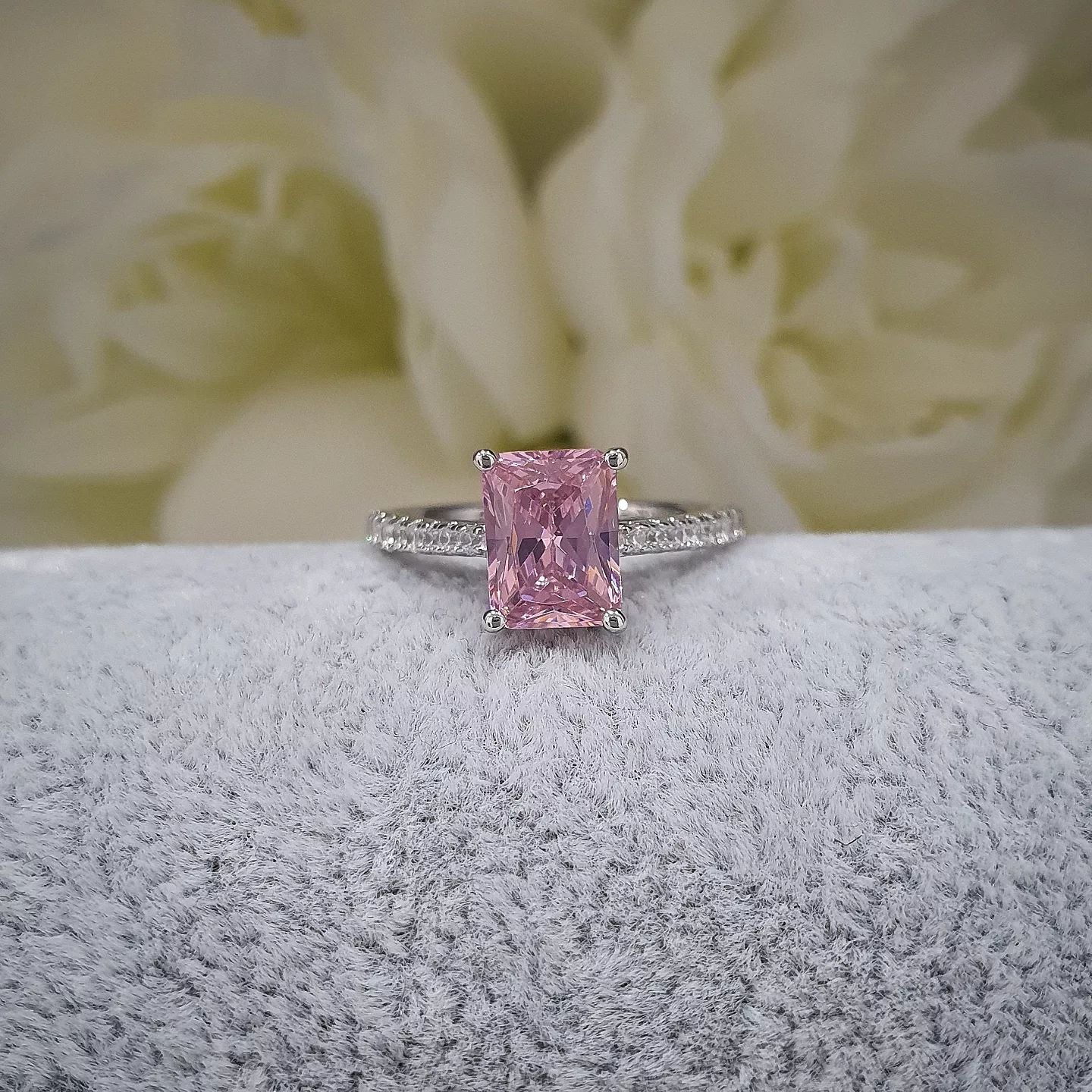 925 Sterling Silver Pink Emerald Cut Cz with Round Cz Shoulders Ring