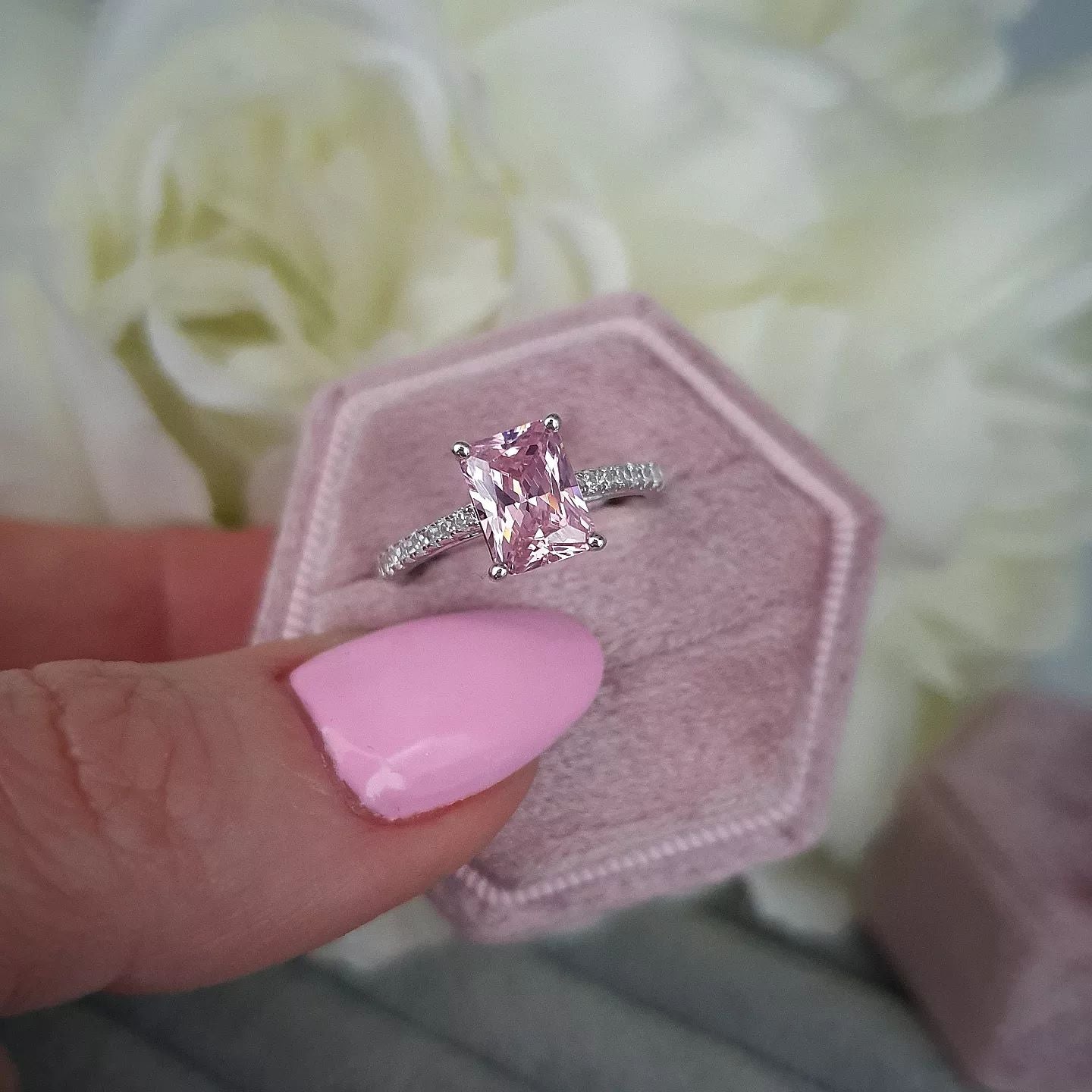 925 Sterling Silver Pink Emerald Cut Cz with Round Cz Shoulders Ring