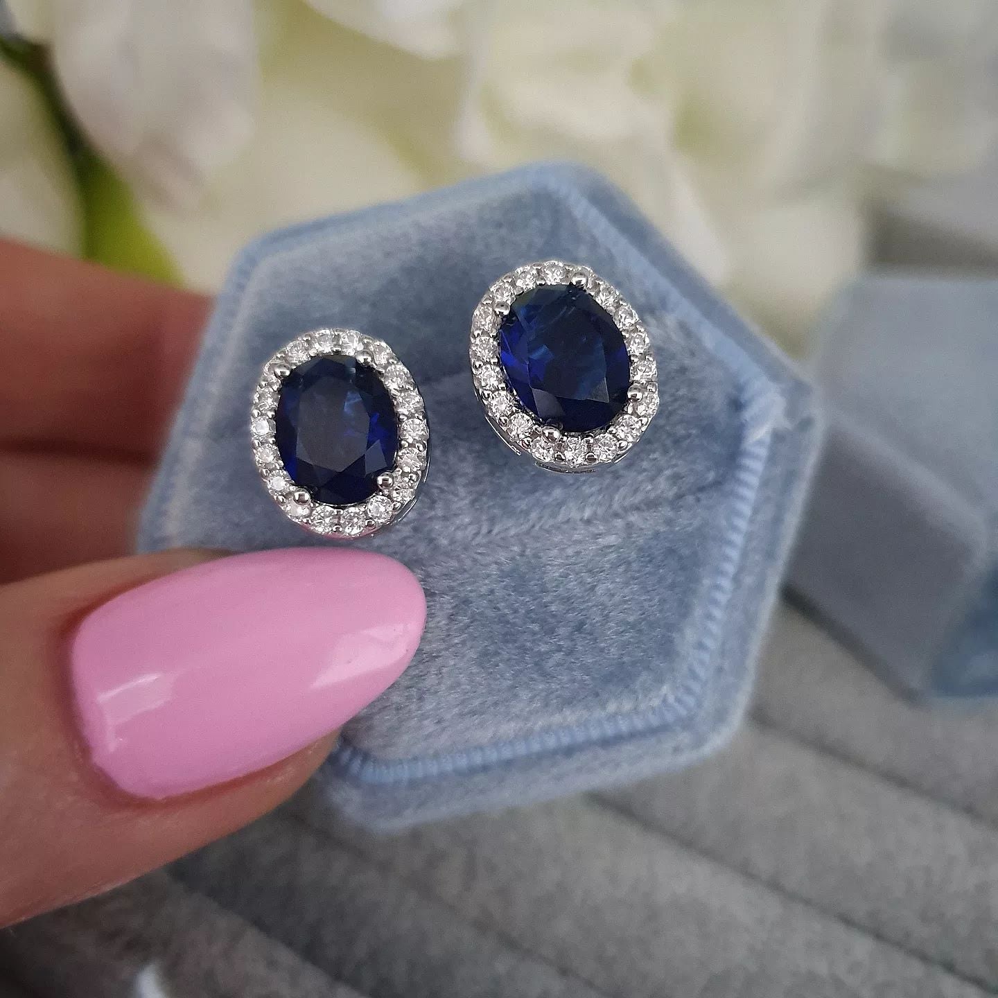 925 Sterling Silver Blue Sapphire Cubic Zirconia Oval Stud Earrings