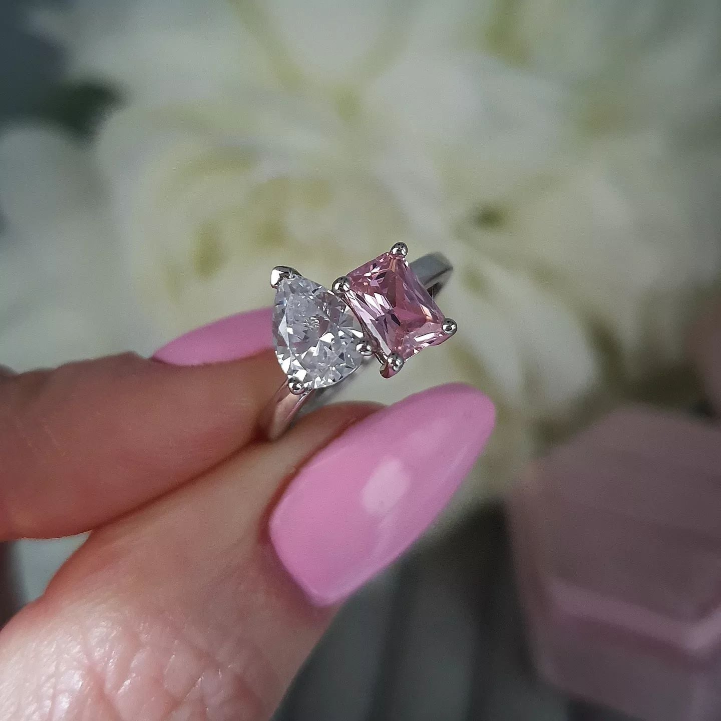 925 Sterling Silver Pink & White Cz Tension Crossover Ring