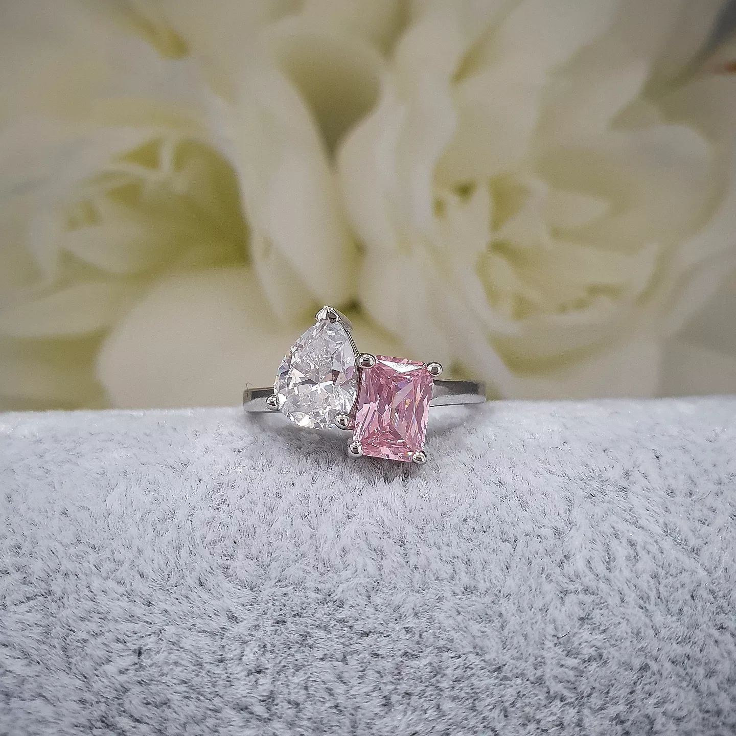 925 Sterling Silver Pink & White Cz Tension Crossover Ring