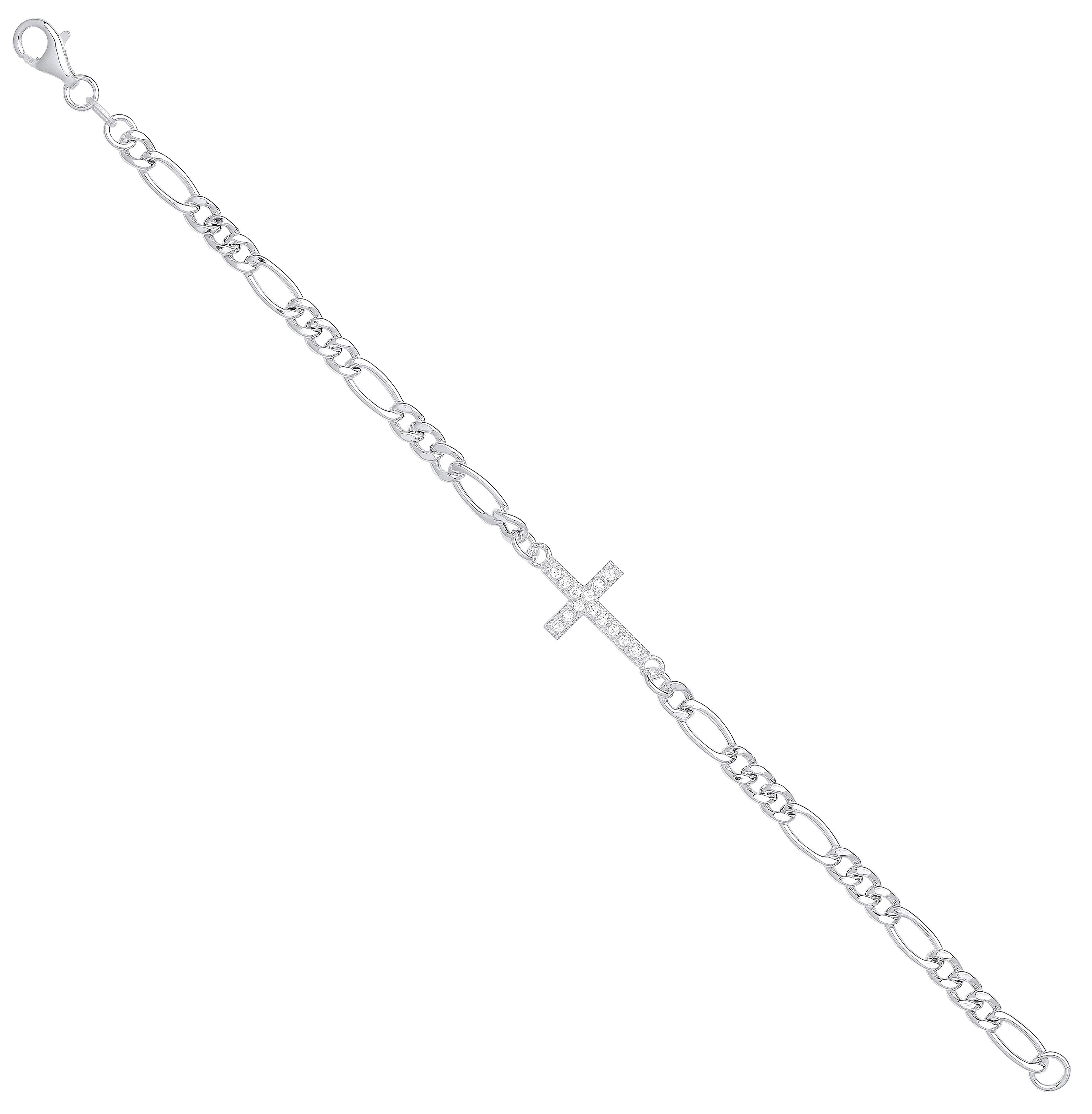 925 Sterling Silver Figaro Chain with Cz Cross Bracelet