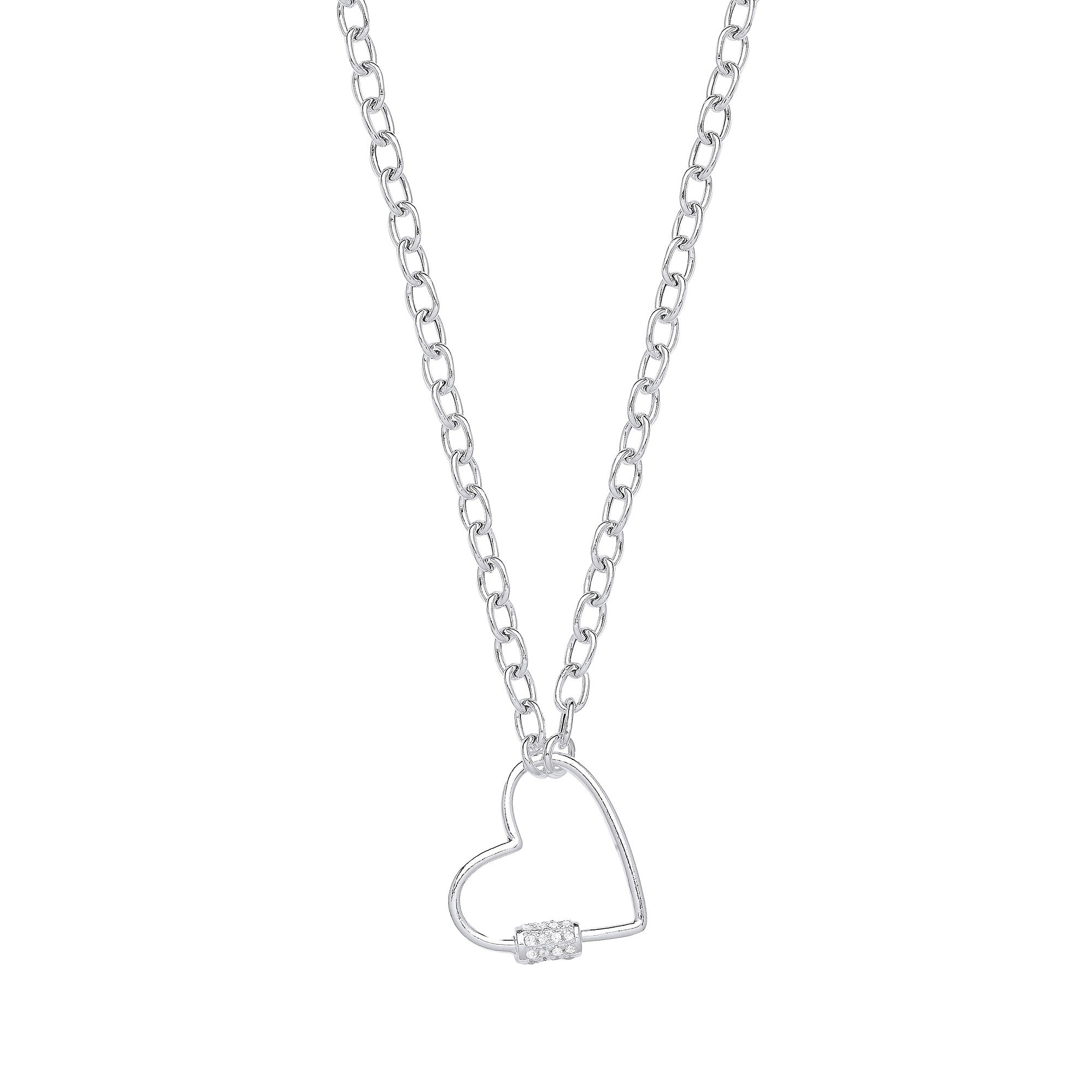 925 Sterling Silver Oval Link Chain with Heart Cubic Zirconia Charm Necklace