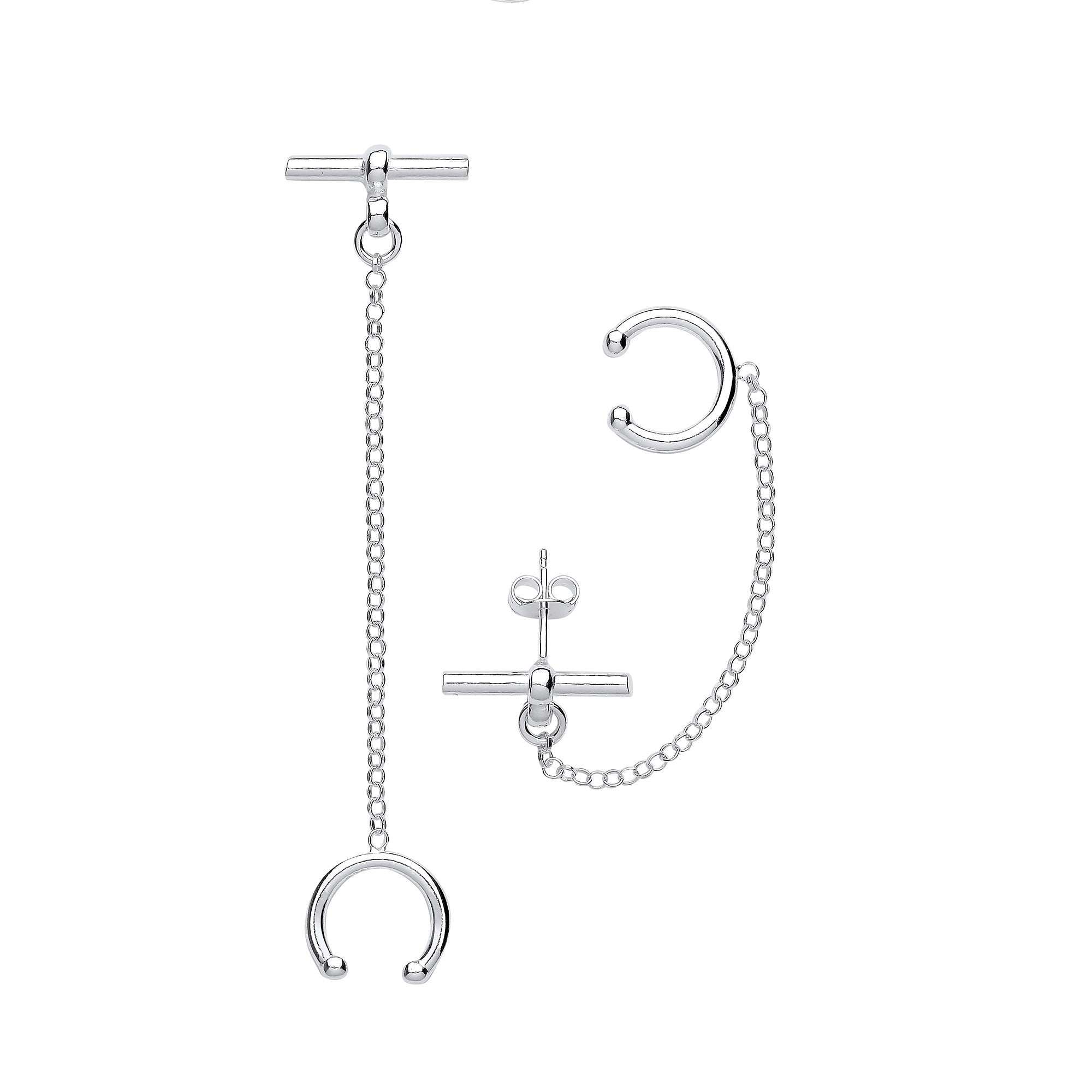 925 Sterling Silver T-Bar with chain Ear Cuff Earrings